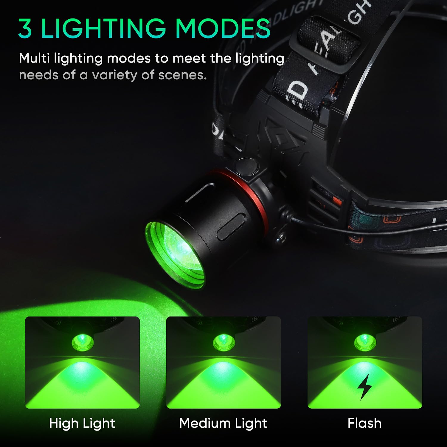 WINDFIRE Green Light Headlamp Rechargeable, 3 Lighting Modes, Zoomable, Water Resistant, Model HLP_T6GN_BA