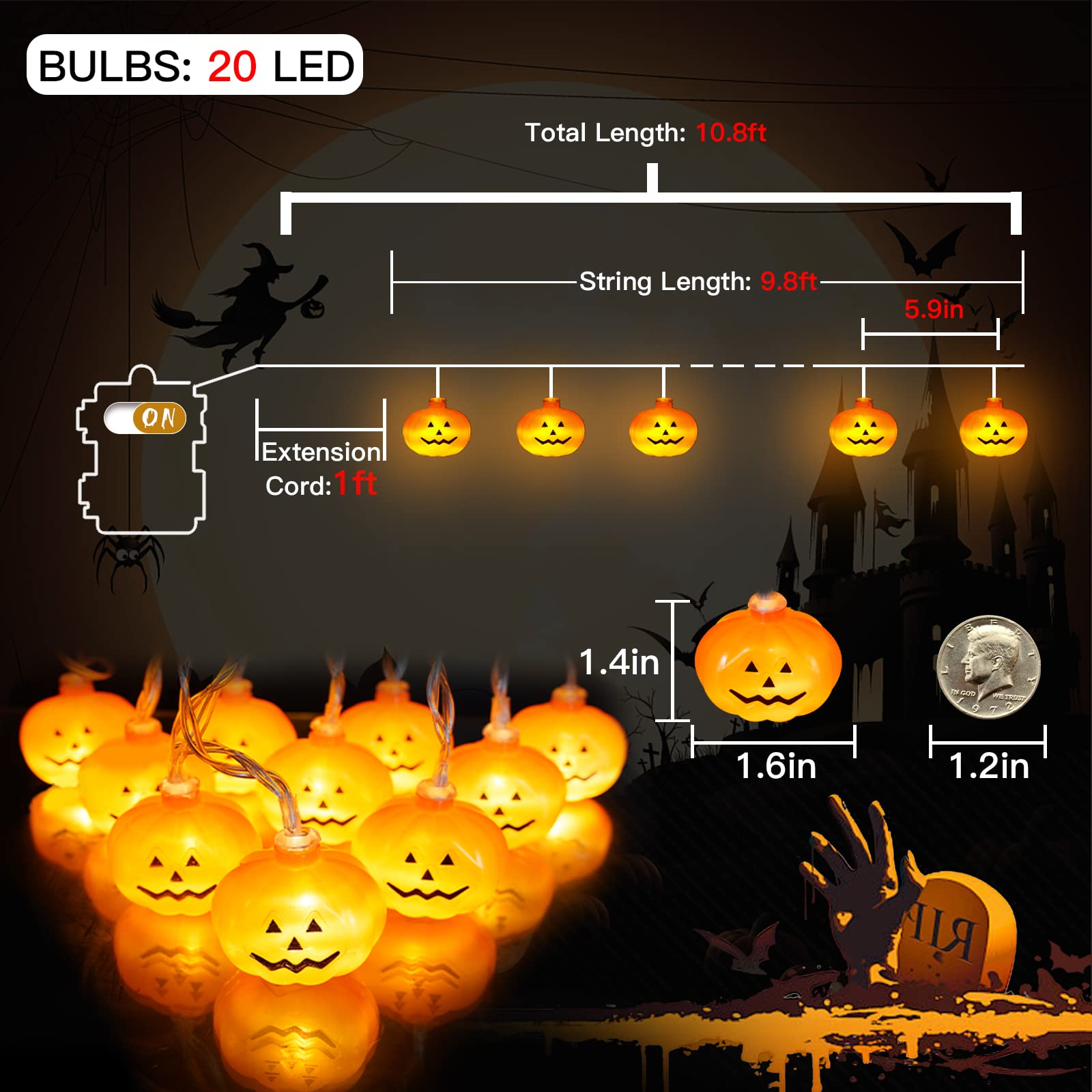 Suddus 20 Led Halloween Lights Battery Operated, 9.8 Ft Pumpkin String Lights With 8 Modes, Orange Lights For Halloween Decorations Indoor, Outdoor