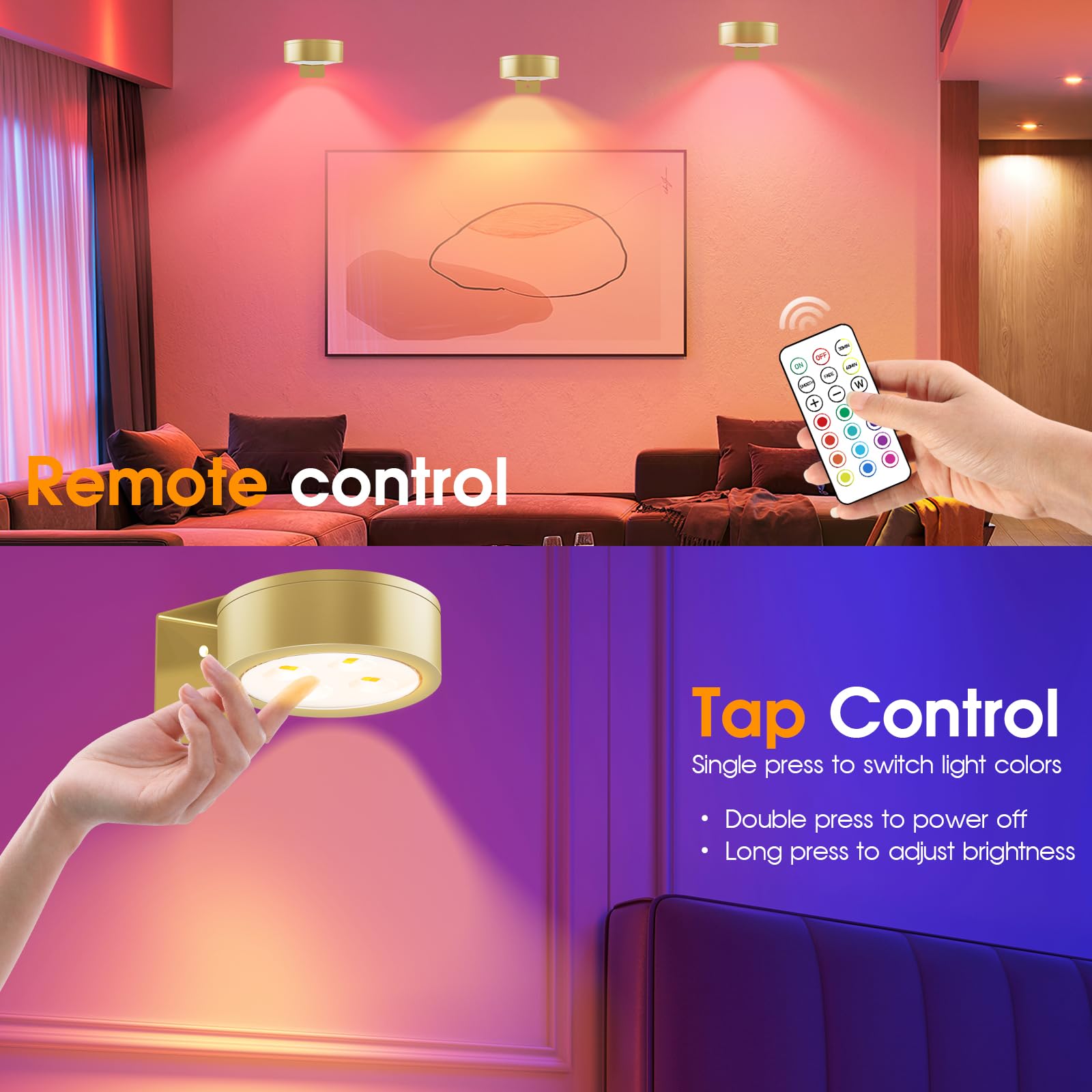 SIXDEFLY RGB Color Changing LED Art Display Light, Dimmable & Timer, 6 Pack, Gold, Rechargeable Battery Operated with Remote Control