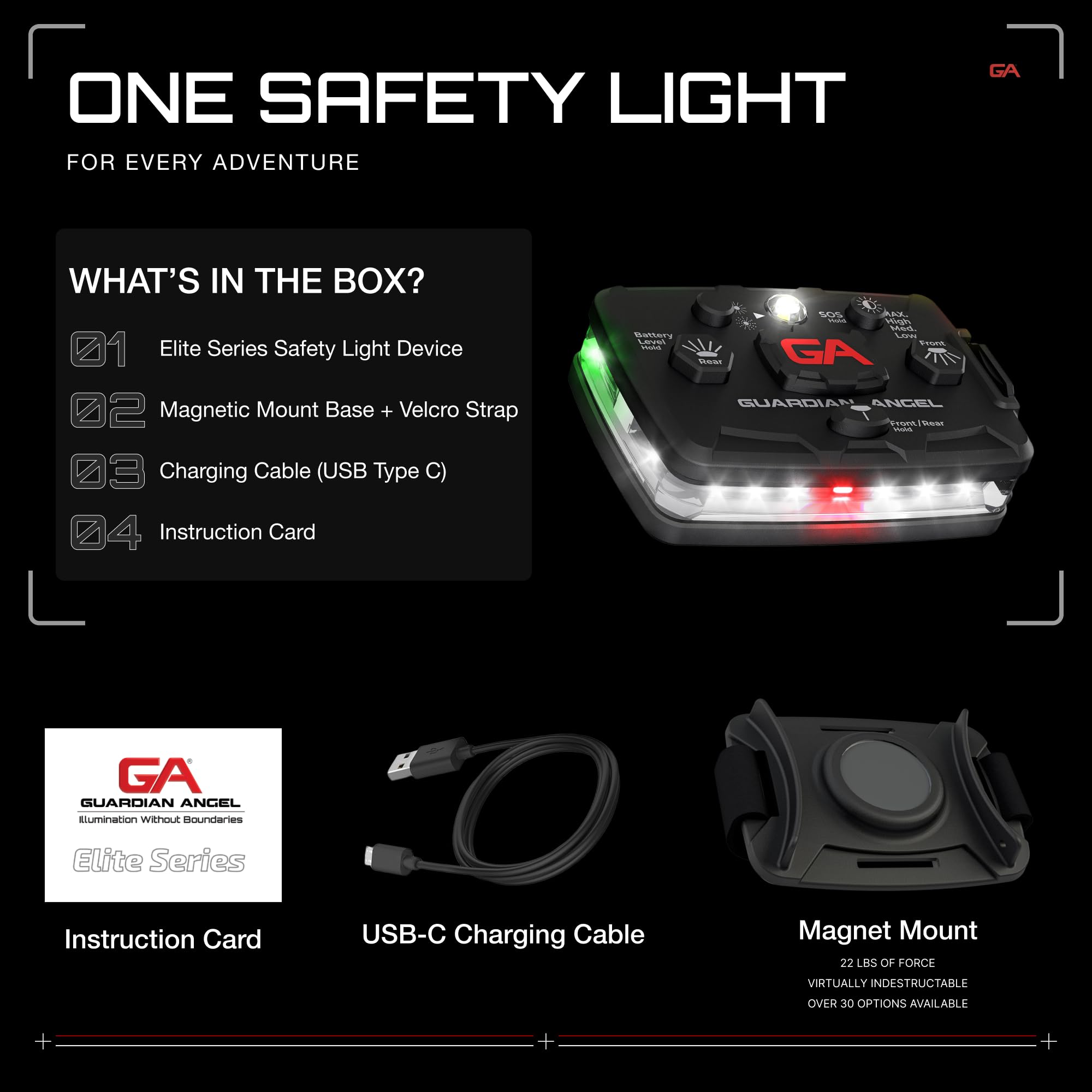 Guardian Angel Elite Series Safety Light (White Front & Green/Yellow Rear) - Rechargeable, Magnetic, Wearable & Mountable Led Fl