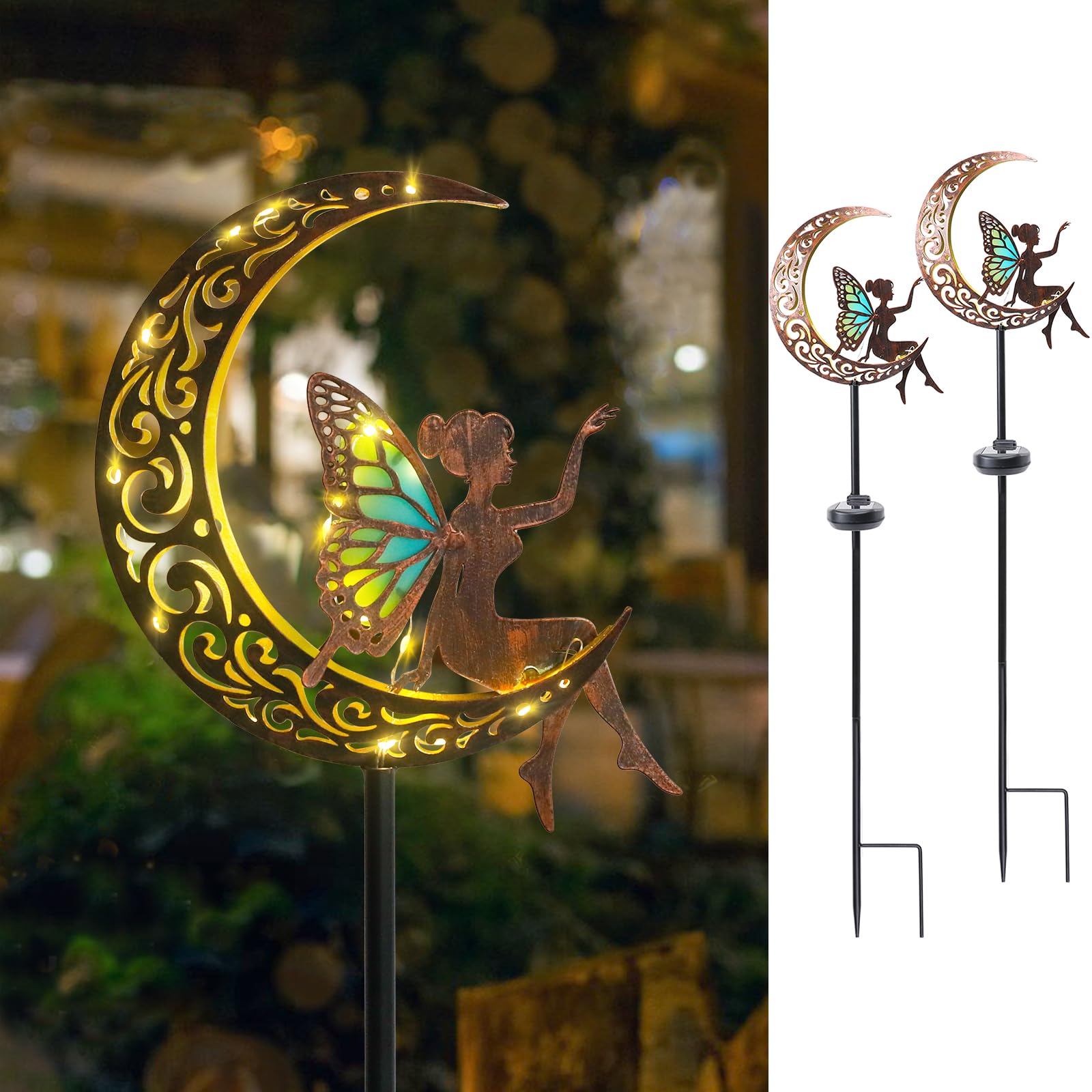 Bshine Moon Solar Light Outdoor Garden Decor 2 Pack Moon Fairy Garden Statue Christmas Outdoor Decor Metal Waterproof Light Stake For Patio  Path  Yard And Lawn Ornament  Housewarming Gift For Mom