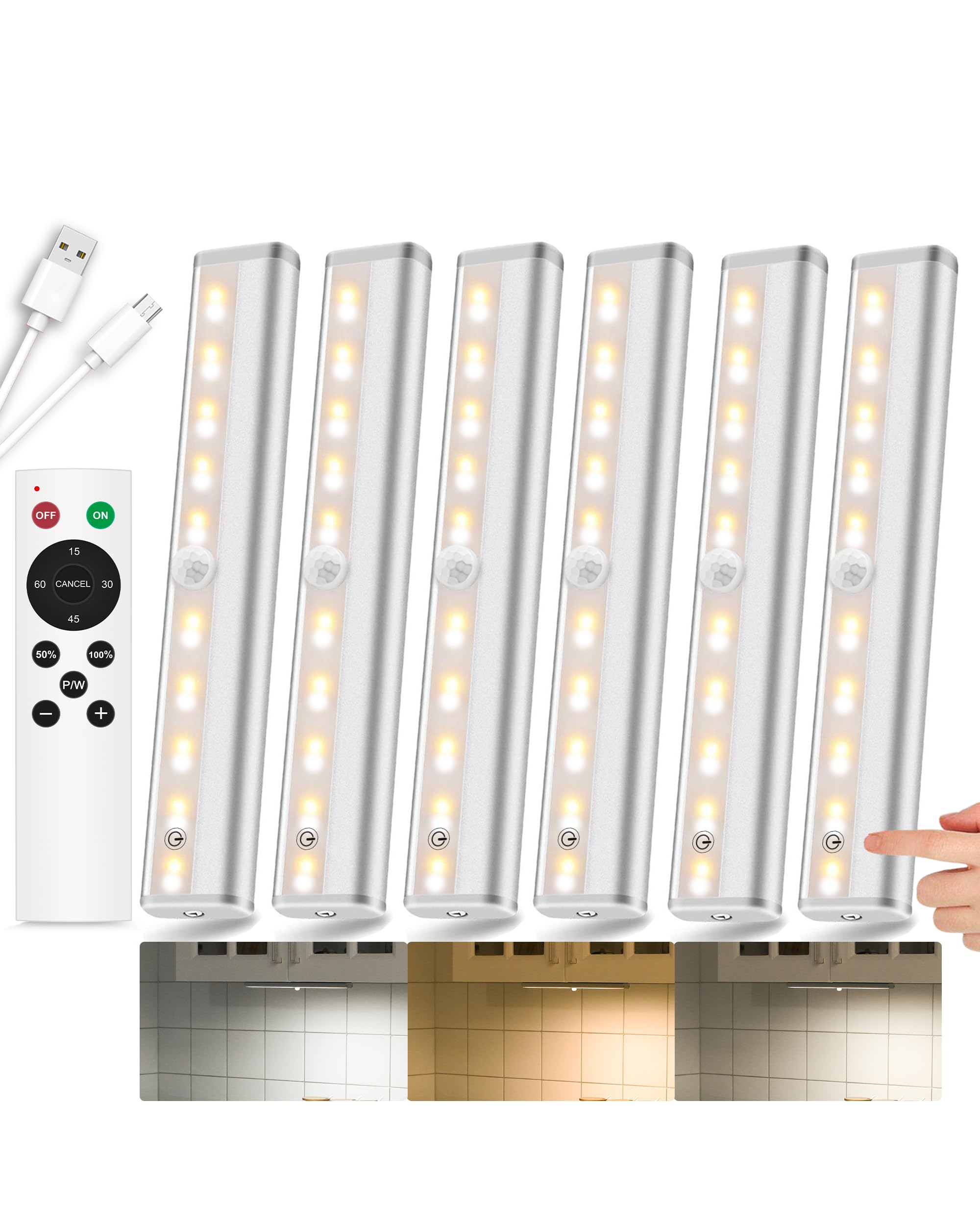 SZOKLED Under Cabinet Lighting 20 LED Wireless Rechargeable Light Bar, 3 Colors, White, Perfect for Kitchen, Shelf, Hallway, Stairs