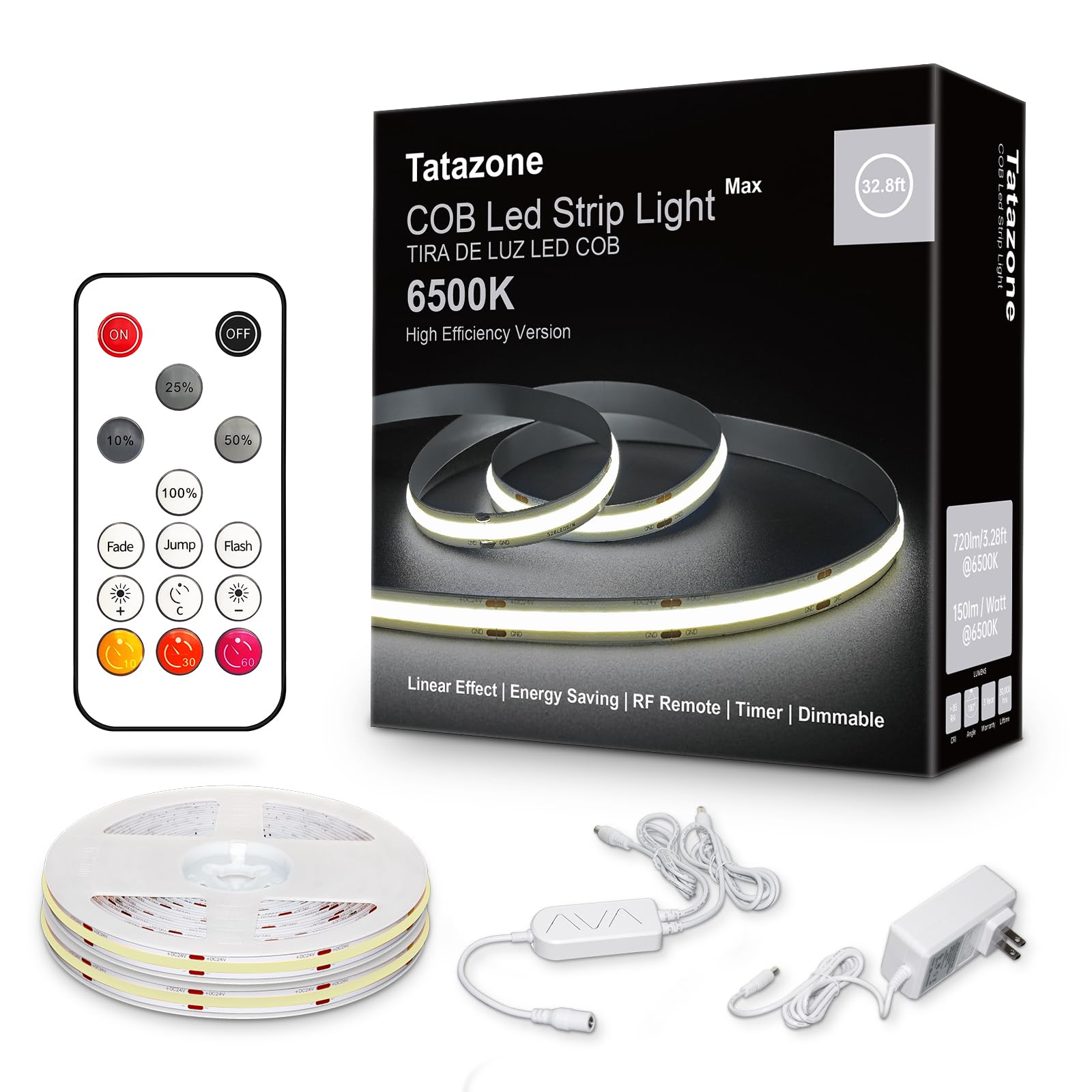 Tatazone 32.8ft 6500K White COB Led Strip Light with RF Remote, Dimmable Ultra Bright Daylight White COB Light Strip, Indoor Led