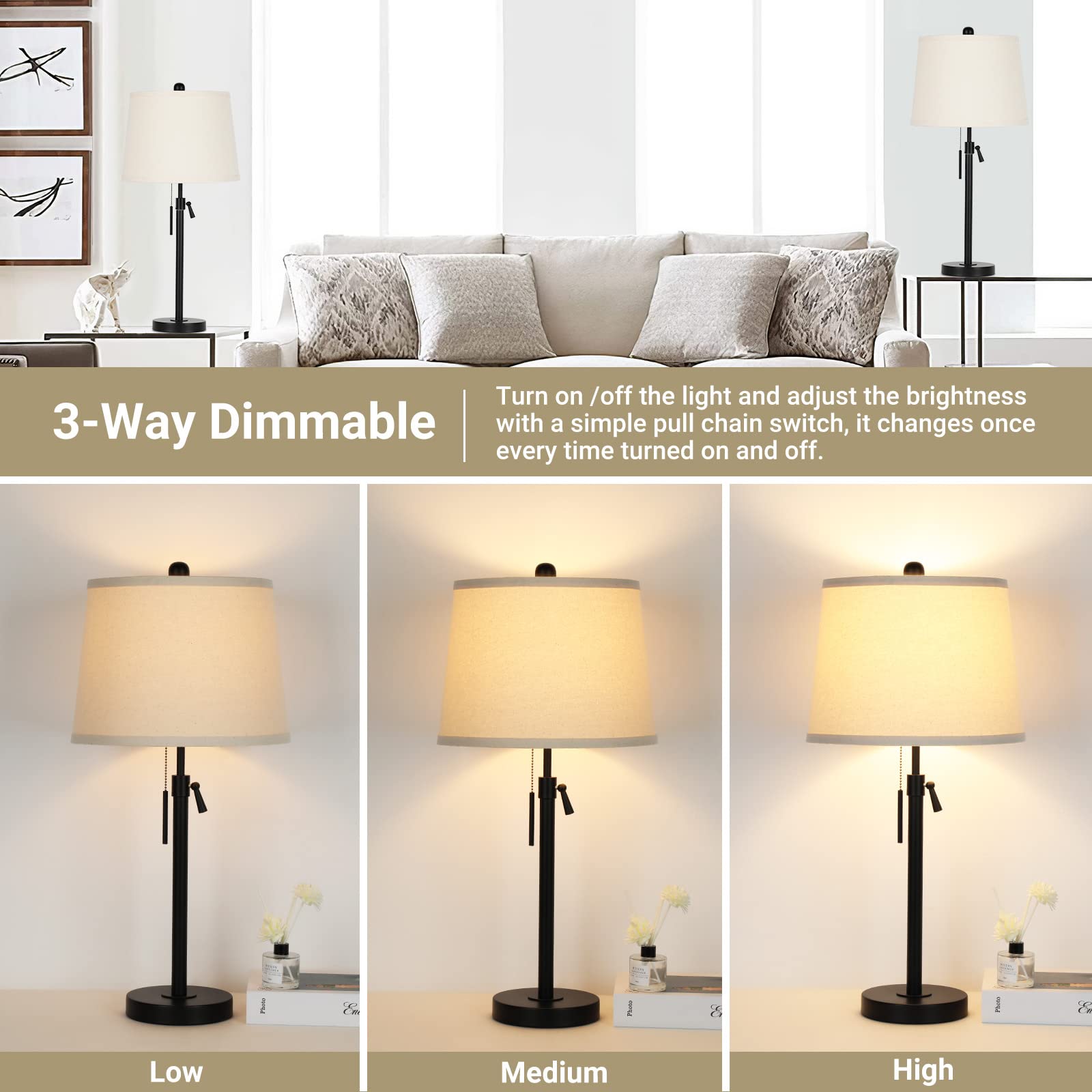 Bedside Table Lamps Set Of 2: Tall Black Table Lamps For Living Room End Table | Height Adjustable 3-Way Dimmable Nightstand Lamp With Pull Chain Switch Modern Lamps For Bedroom Office(Bulbs Included)