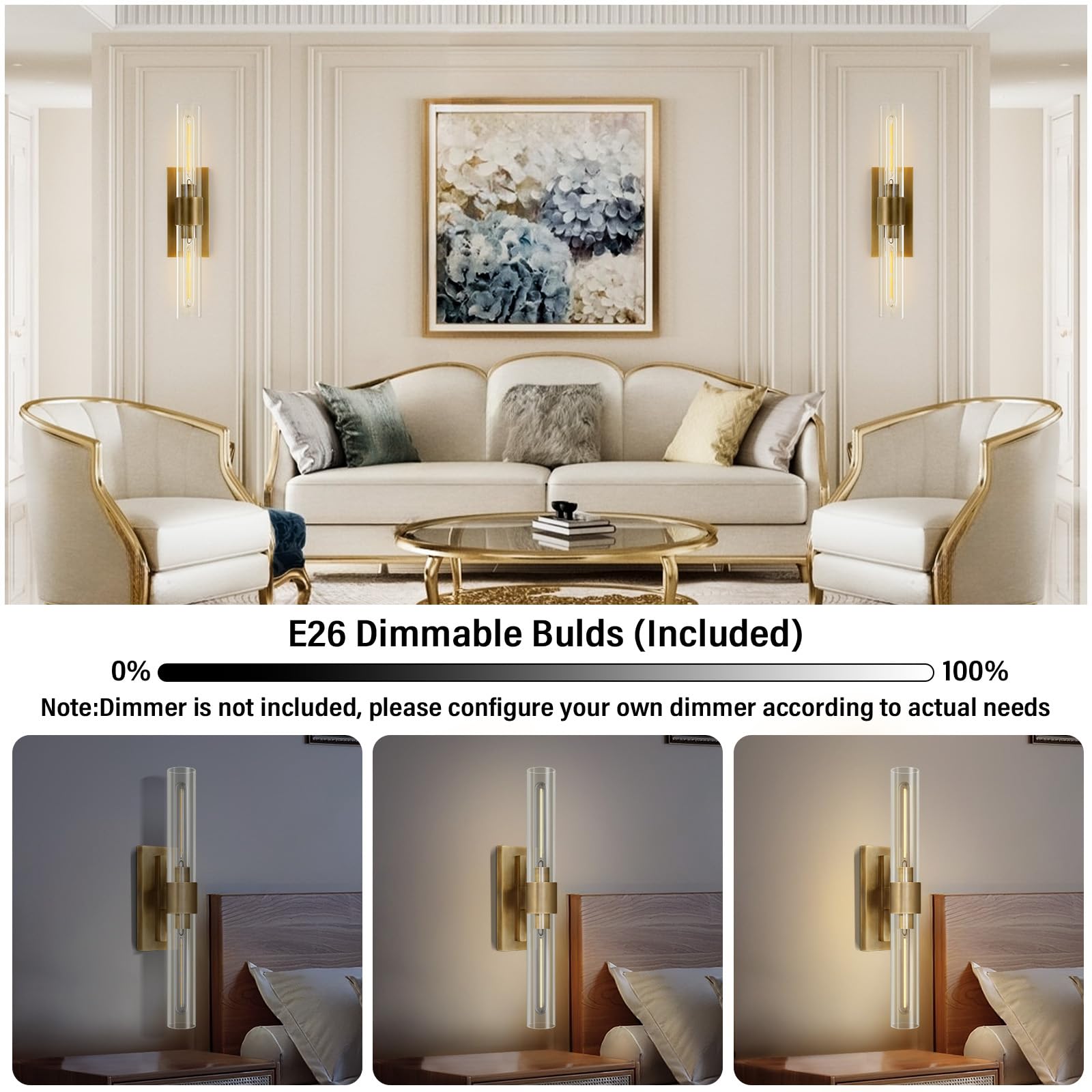 Yuexpand Gold Wall Sconces Set Of Two  Brass 22.8 Sconces Wall Lighting Bathroom Vanity Lights With Clear Glass Shade For Mirror  Living Room  Bedroom  Hallway  Fireplace  Staircase(Including Bulb)