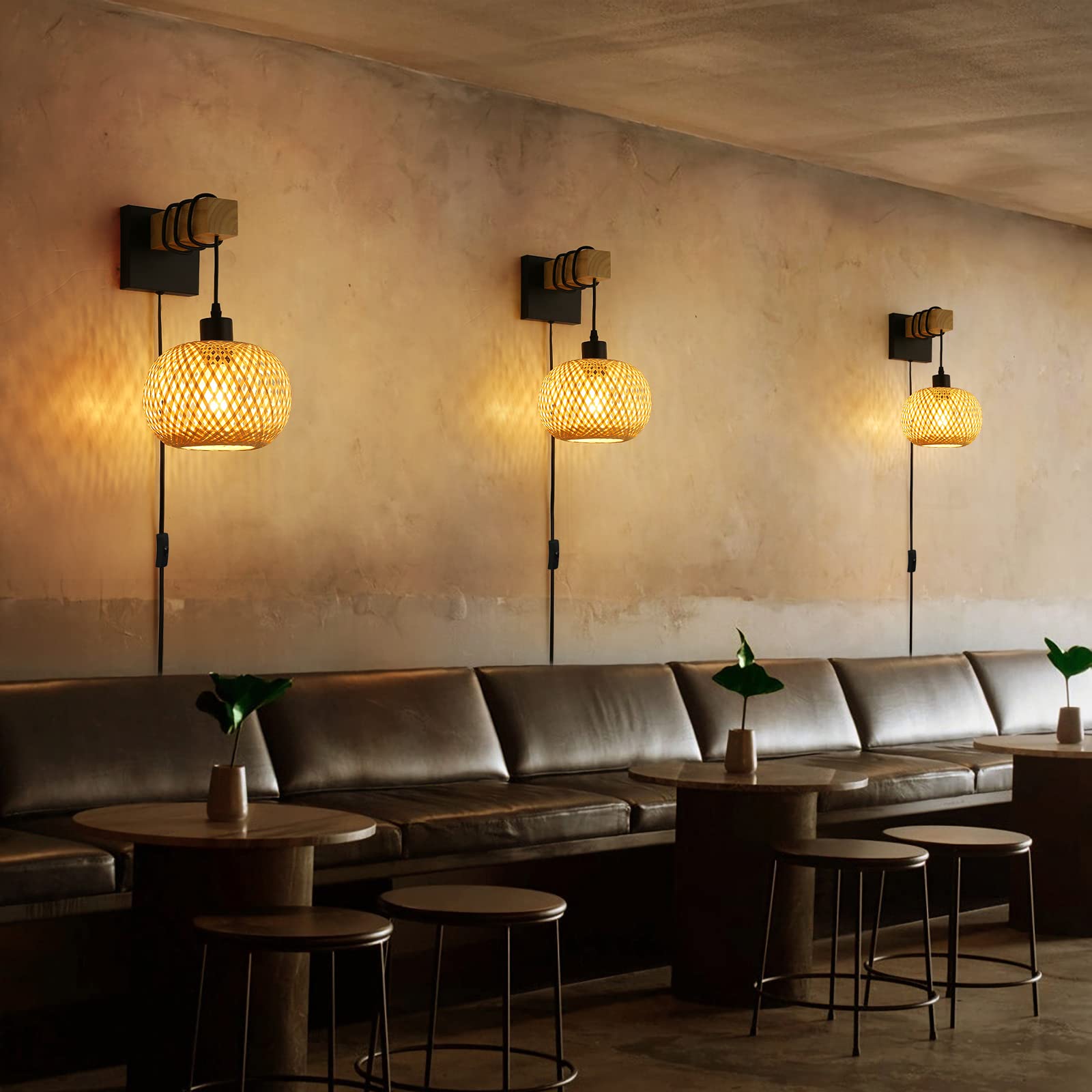 Farmhouse Rattan Plug In Wall Sconces, Rustic Hand-Woven Bamboo Shade & Wood Beam Wall Light Fixtures, Rattan Bamboo Wall Lamp F