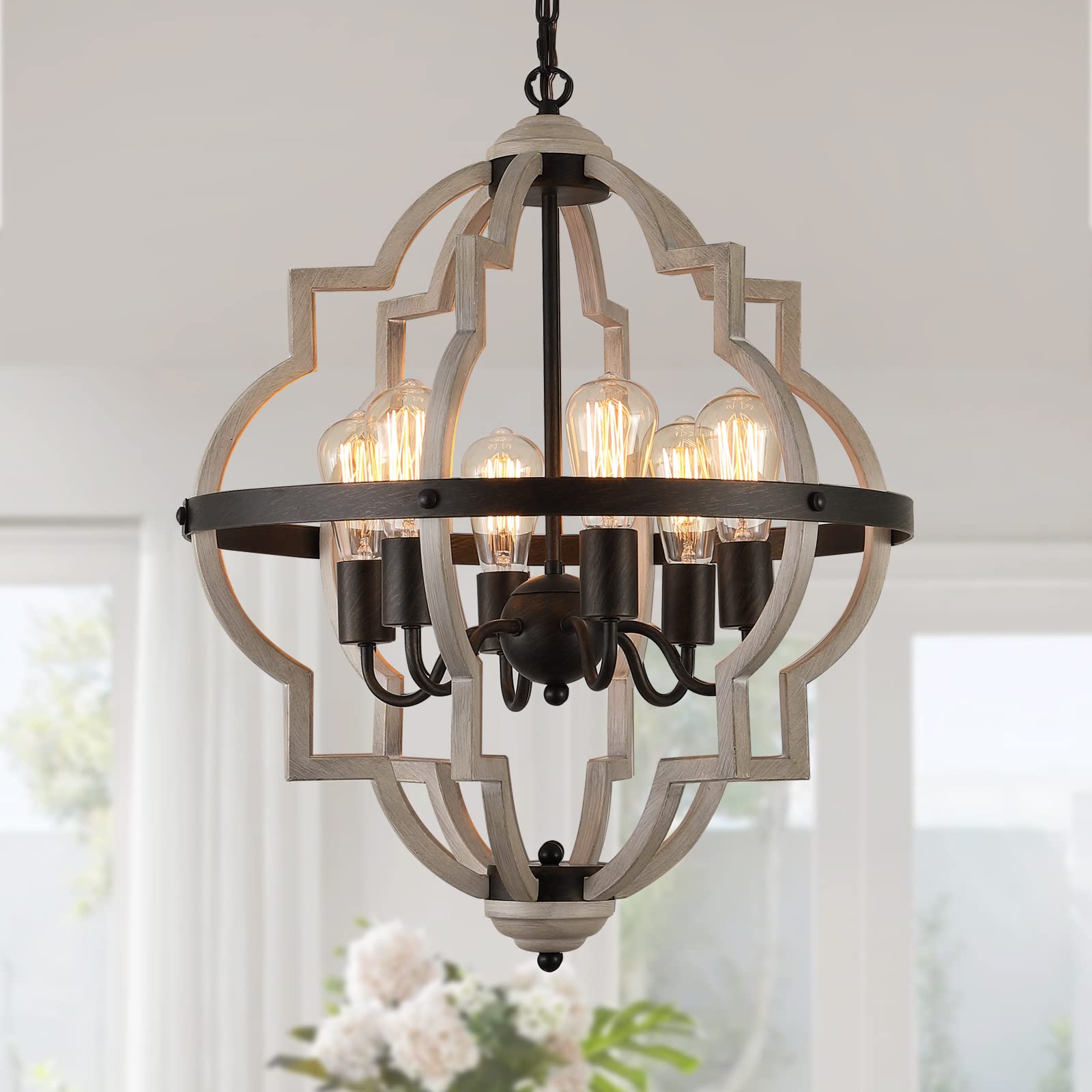 MEIXISUE Farmhouse Rustic Chandelier,ORB+Oak Finish,6-Light Vintage Antique Chandeliers Pendant Light Fixture for Kitchen Dining