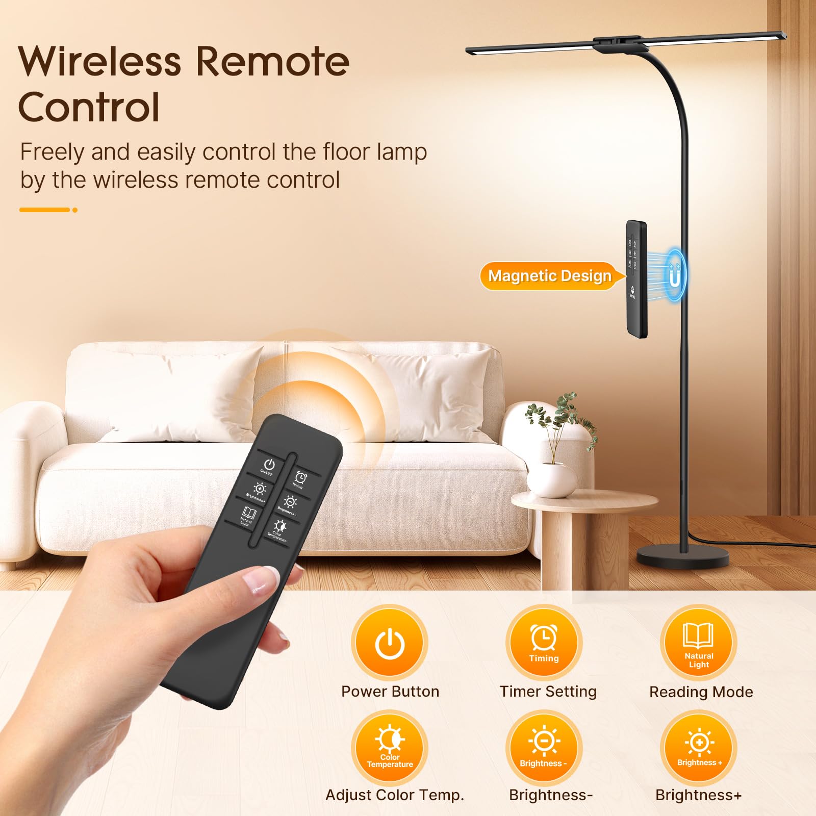 Syrinx LED Floor Lamp, Dual Head Gooseneck, 59" Black Aluminum, Model YG607 with Gesture Switch & Remote Control