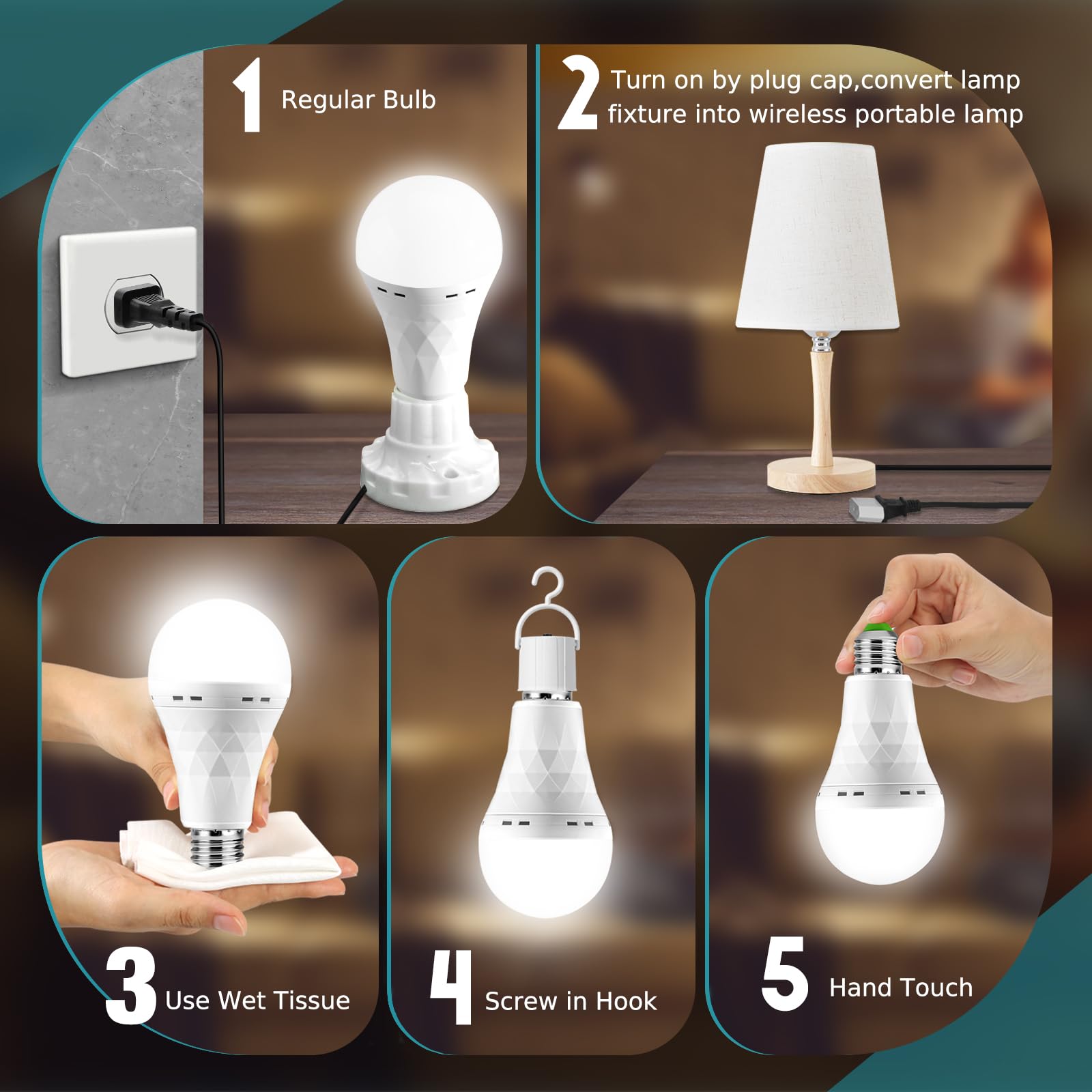 SORHE LIDKO 4 Pack Rechargeable Emergency Light Bulbs, 12W LED, 6000K Daylight, E26, White, Battery Powered, Includes Hooks and Plug Caps