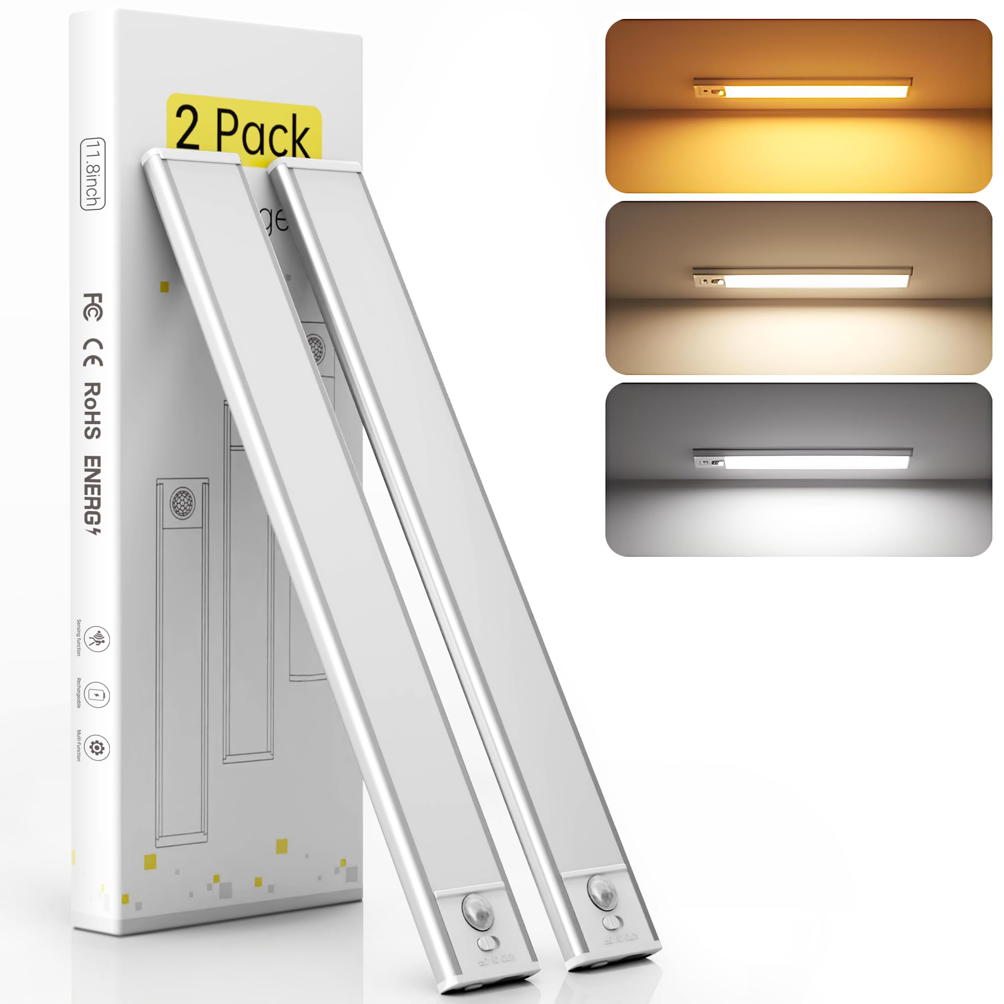 Under Cabinet Lights 2 Pack, Dimmable LED Rechargeable 1500mAh, Motion Sensor Light with 3 Color Temps, Magnetic Wireless Closet