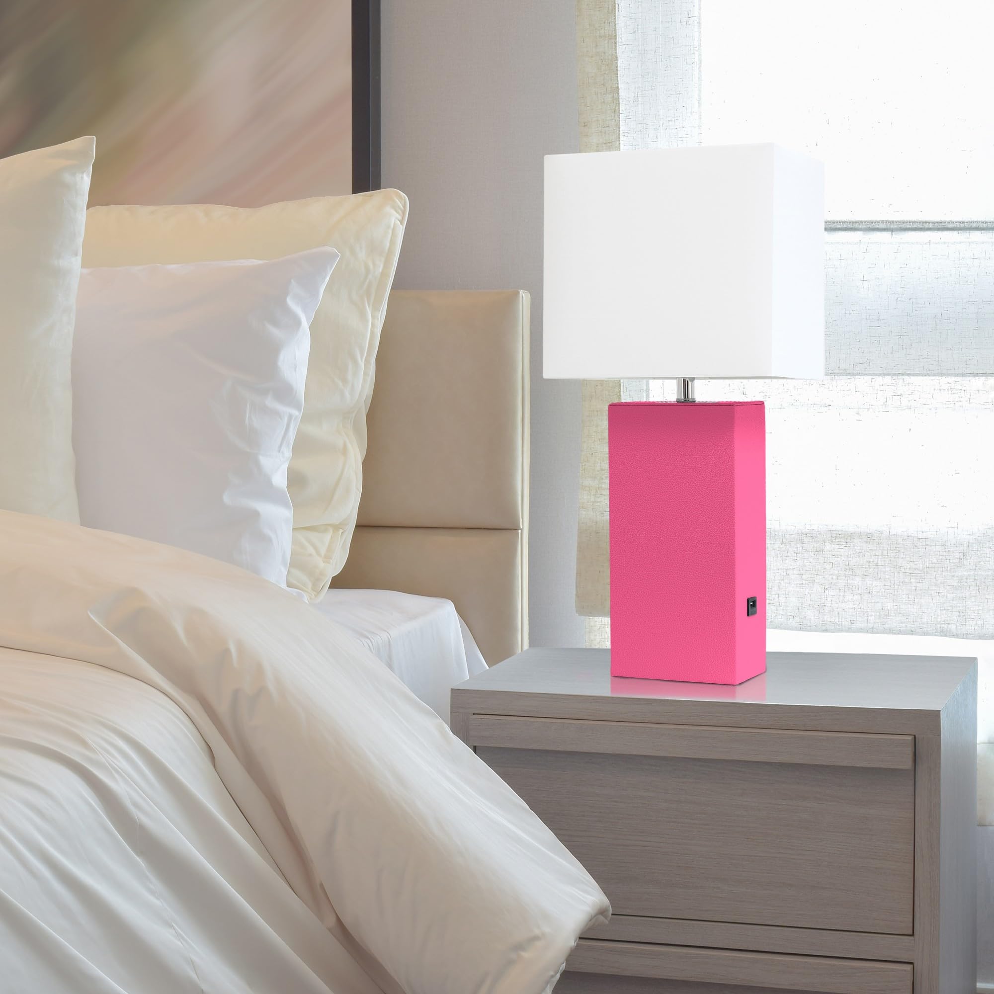 Elegant Designs LT1053-HPK Modern Leather USB and White Fabric Shade Table Lamp  Hot Pink (Pack of 1)