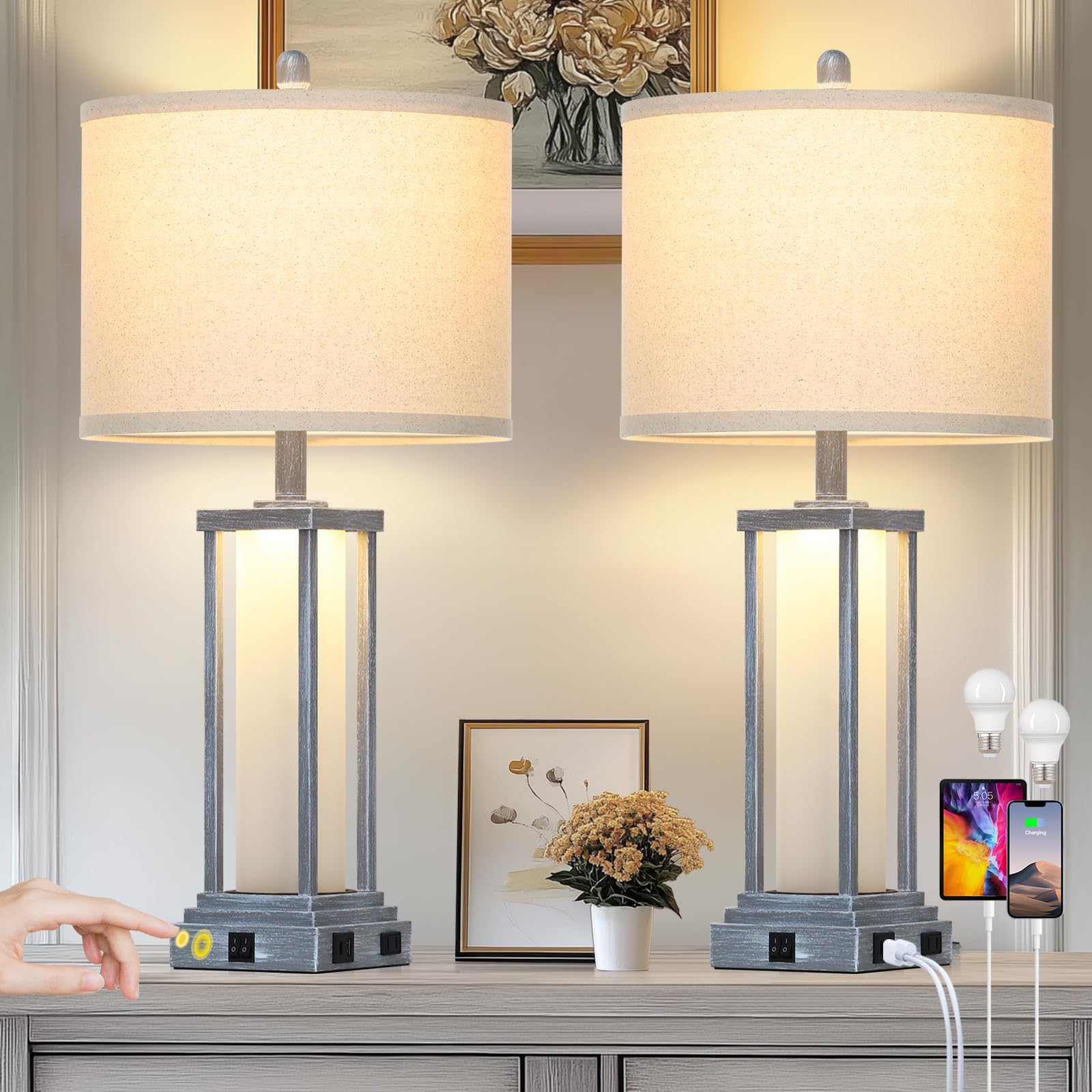 Cinkeda 27 Tall Vintage Table Lamp Set of 2 with USB C+A & Outlet Gray Nightstand Lamp for Living Room Retro Bedside Lamps with Frosted Glass Night Light for Bedroom Entryway Grey
