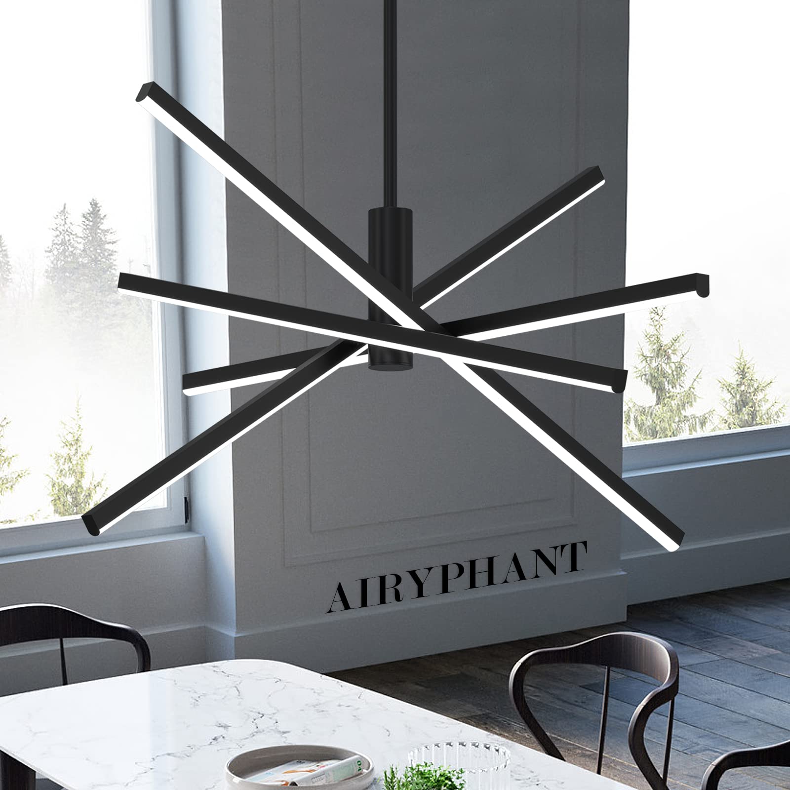 AIRYPHANT Black LED Chandelier for Dining Room, 27.76in Dimmable 4-Lights Modern Ceiling Pendant Light Fixture for Kitchen Livin