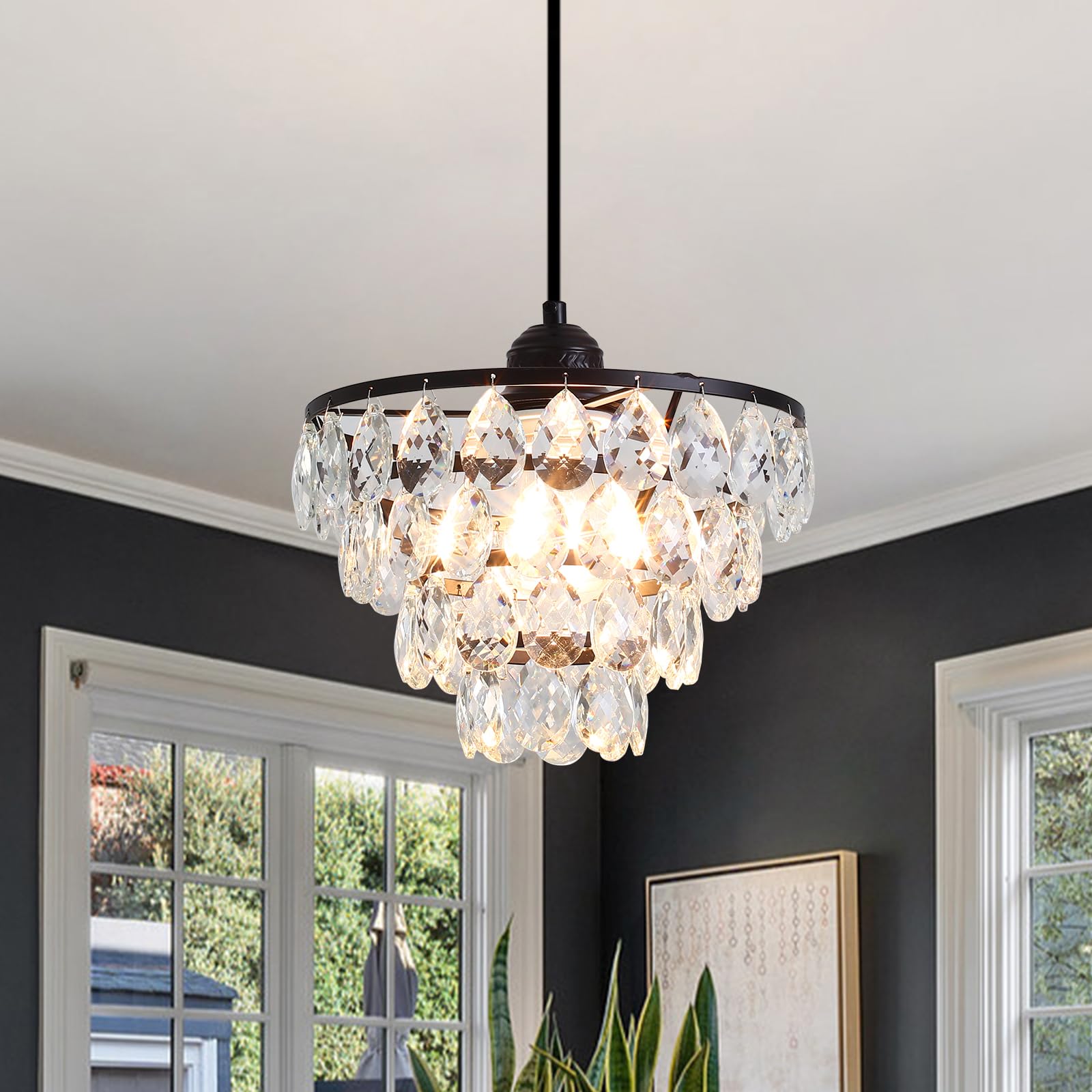 Luupyia Black Crystal Pendant Light Small Chandelier, 47.24 Inches Height Adjustable, Modern Hanging Lights Fixtures Black Cryst