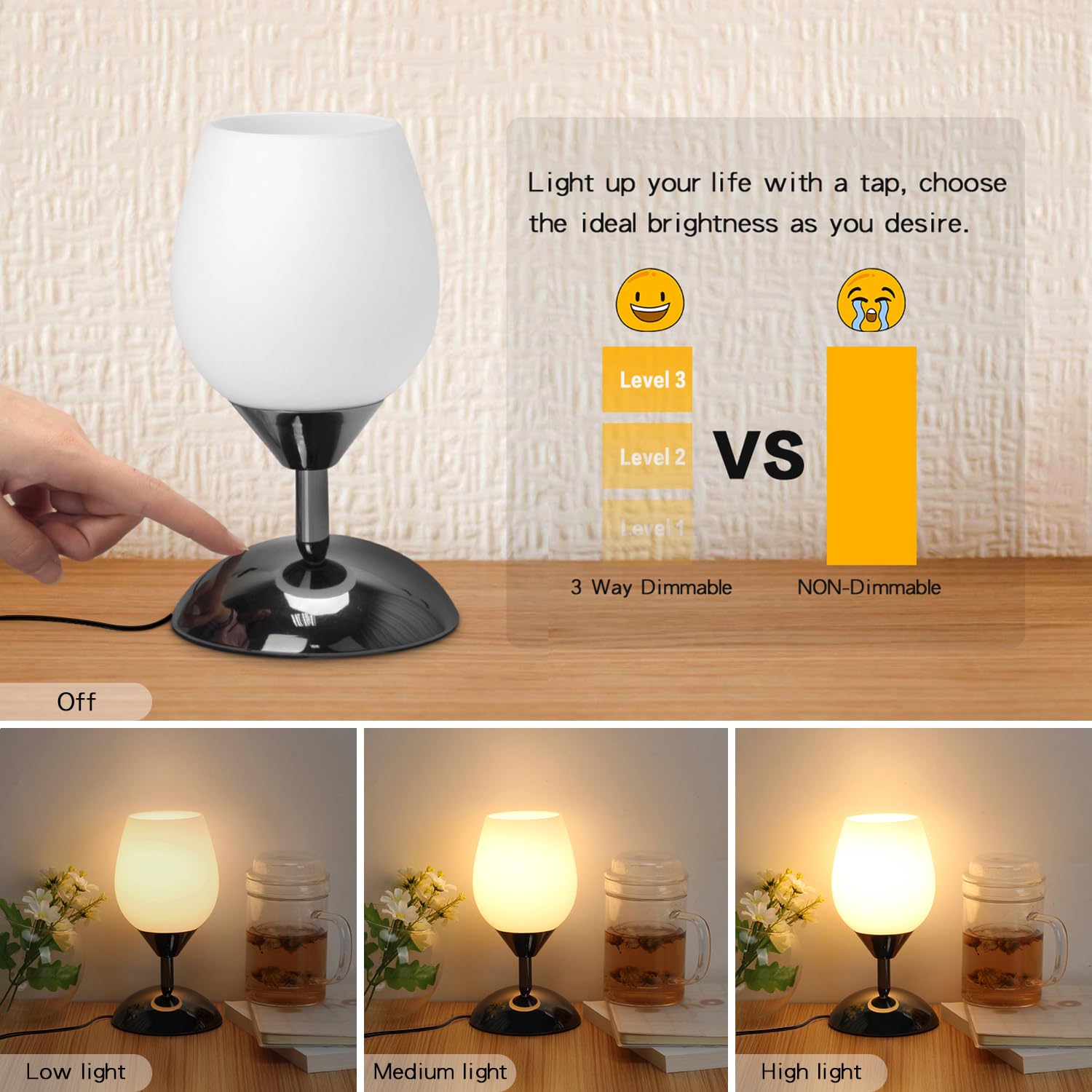 Boncoo Touch Control Dimmable Table Lamp, Small Black Opal Glass Night Light, Model Cup-Lamp, E12 Bulb Included