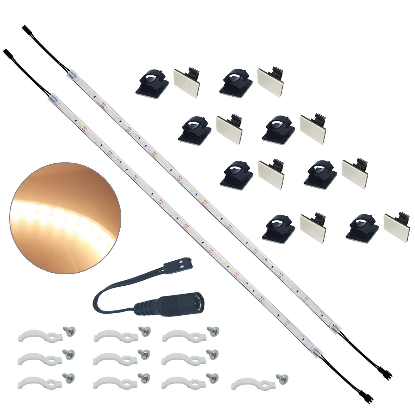 Litever LED Strip Lights, 20 Inches, Warm White 2700K, 12VDC, Silicone, Model LL-013, Self-Adhesive with Mounting Clips (2-Pack)