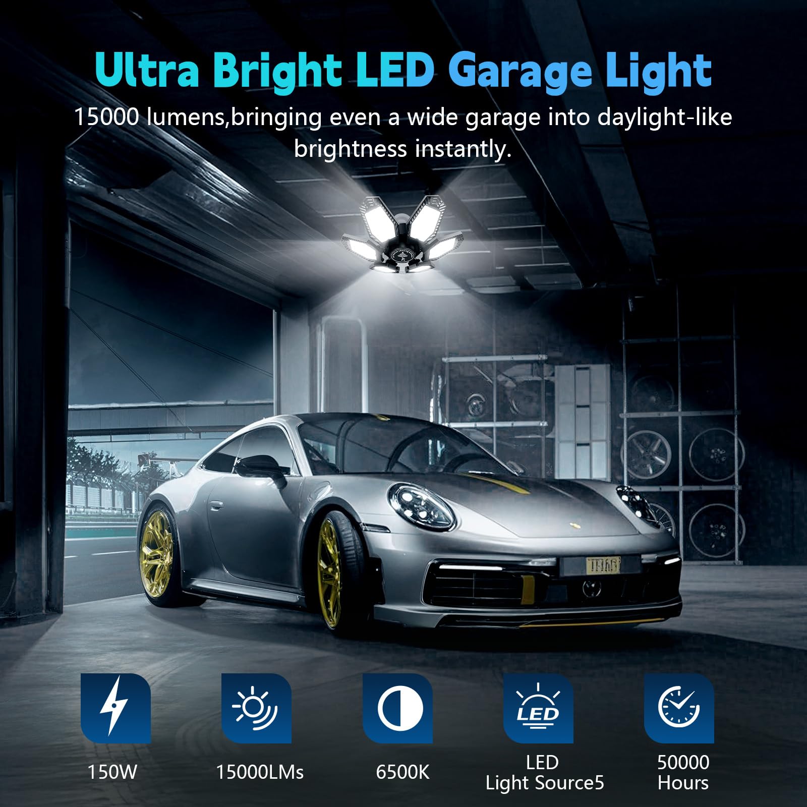 Myteaworld 2 Pack Motion Sensor Garage Light  15000Lm Ultra Led Shop Light Motion Activated  6500K Daylight  150W Deformable Garage Lighting For Attic  Workshop  Laundry Room  Basement(E26/E27 Screw)