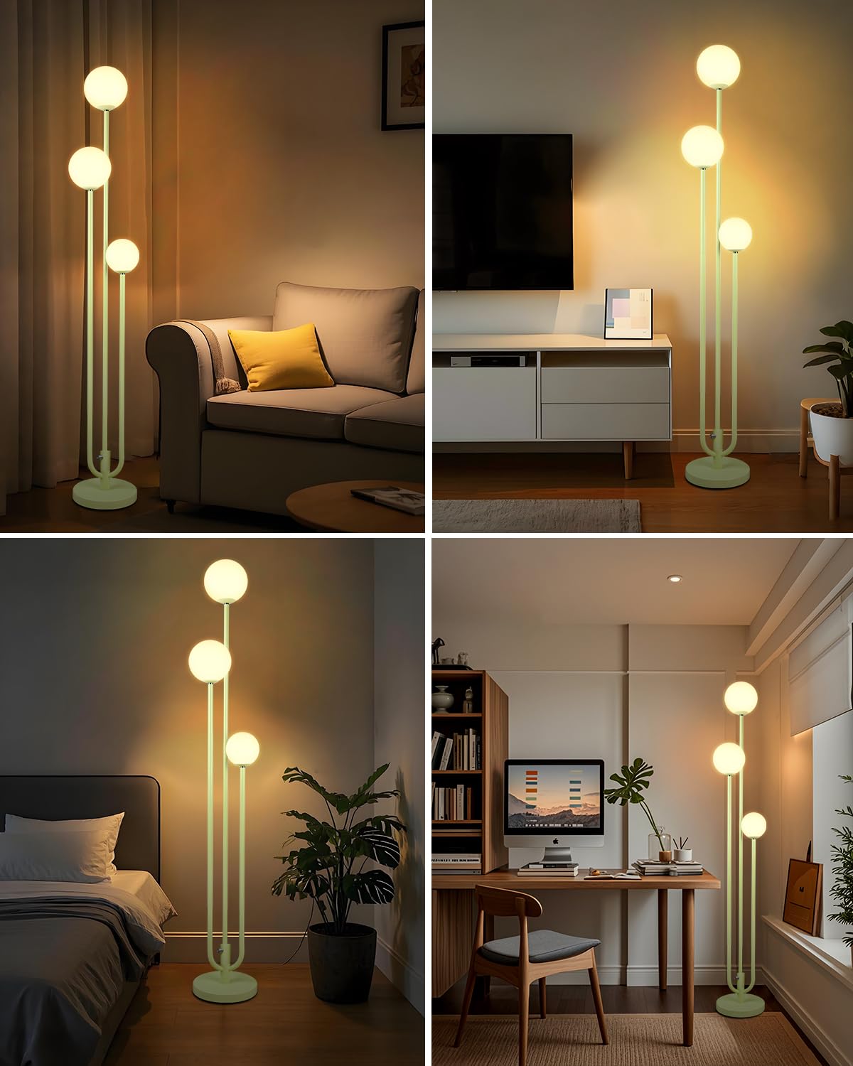 Lightdot 63IN Modern Floor Lamp with 3 Green U-Pole & 3000K LED Bulbs, Metal Tall Lamp for Living Room/Wedding/Party