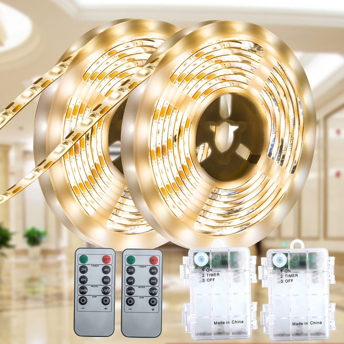 Junwen Battery-Powered Led Strip Lights Warm White With Remote, 2 Pack Of 6.6Ft, 240 2835 Led Warm White, Cuttable, Timer Function, Waterproof, Suitable For Wardrobe, Kitchen, Bedroom Decor.