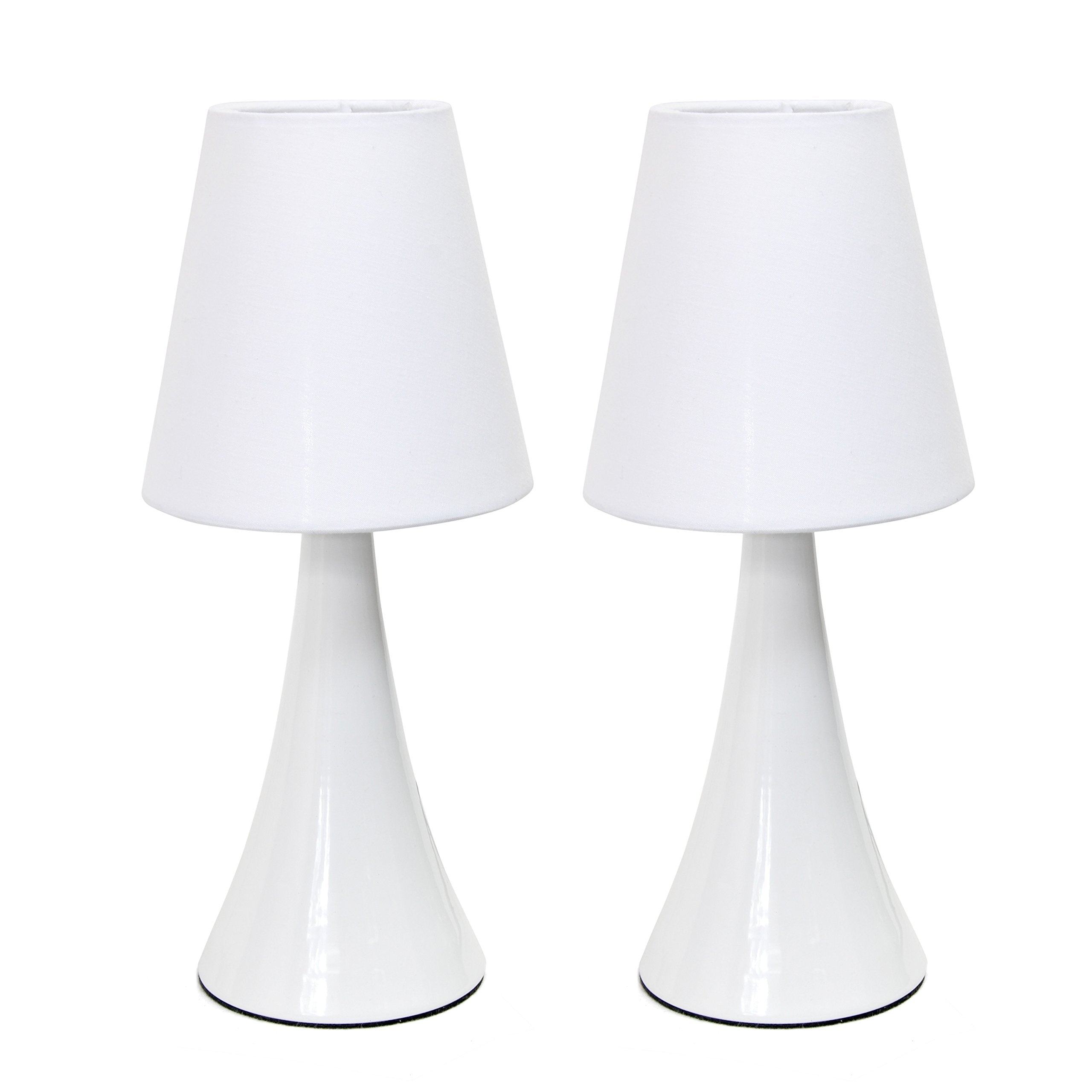 Simple Designs Lt2042-Wht-2Pk 12" Valencia 2 Pk Contemporary 4 Settings Touch Metal Mini Tapered Table Lamp Set With Fabric Shades For Nightstand, End Table, Bedroom, Office, White