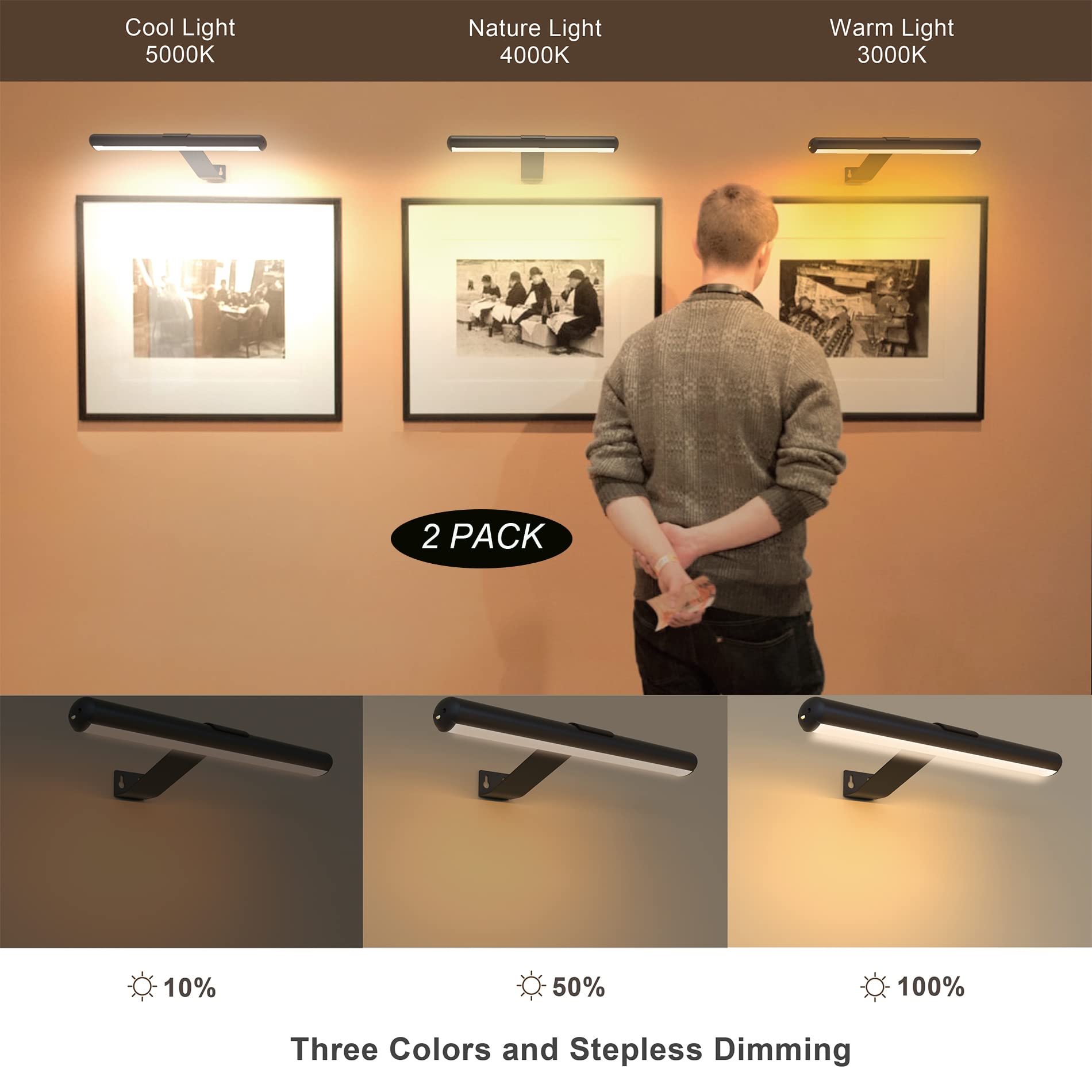 Yaqiihome 2-Pack Rechargeable Picture Lights With Remote, Dimmable & Timer, Black, Aluminum