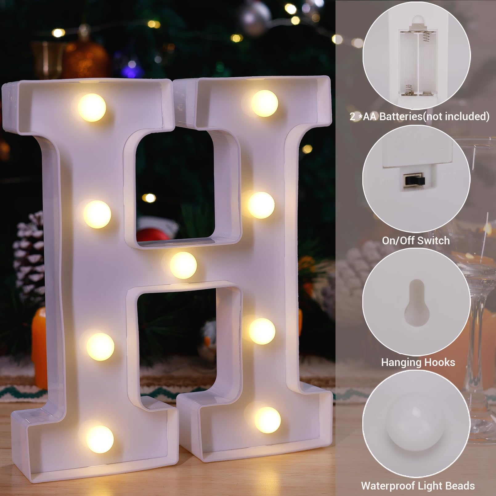 Tronsboo Led Marquee Sign Light Up Letters, Alphabet Light Up Letters Sign, Battery Powered Led Letter Lights For Night Light, Wedding, Birthday, Party, Christmas Or Home Decor (Letter H)
