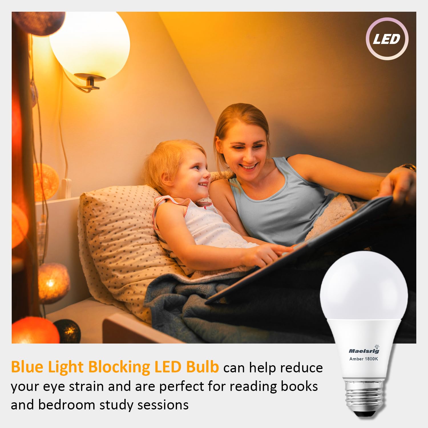 Maelsrlg A19 Warm Sleep Light Bulb, 9W(60W Equivalent), 1800K Amber, Dimmable, E26 Base, Soft Yellow Light Bulbs, 800 Lumen, 120