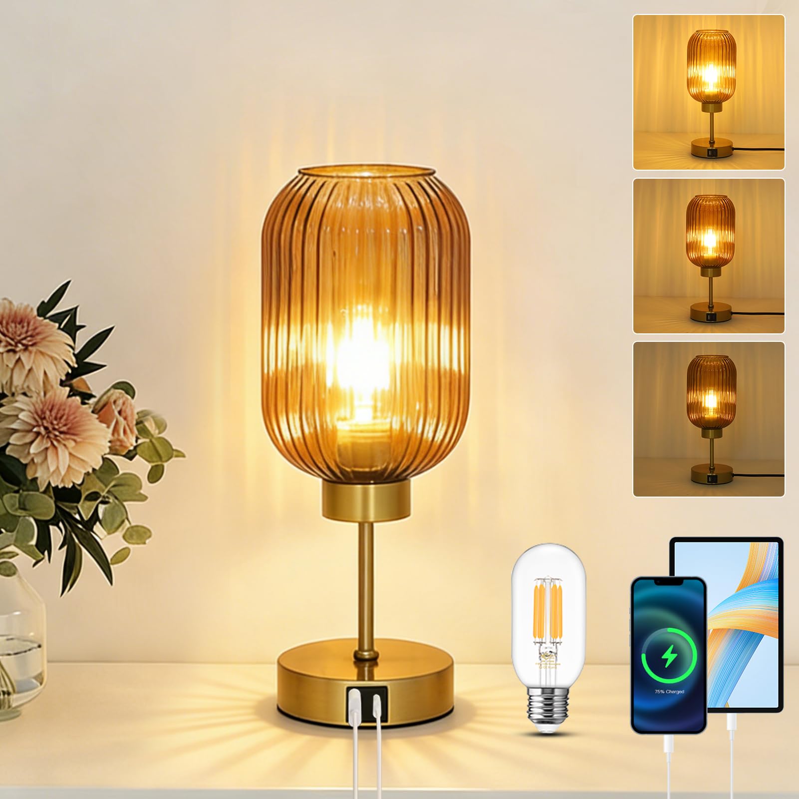 LAMSU Vintage Gold Touch Table Lamp  Small Desk Lamp with Amber Glass Shade  Bulb  Charging Port  Mid Century Modern Bedside Lamp  3 Way Dimmable Nightstand Lamp for Bedroom Living Room Home Office