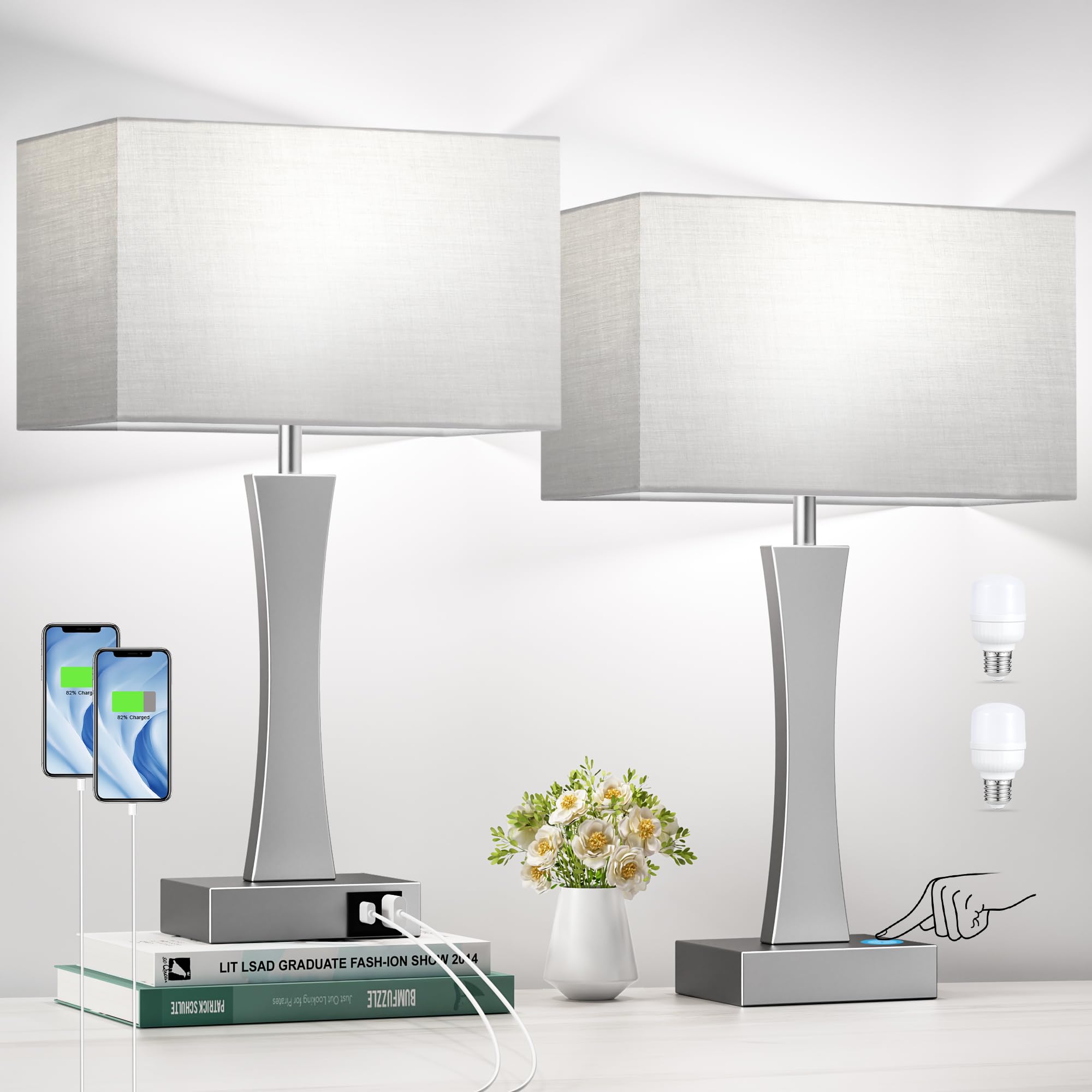Seealle Bedside Lamps Set of 2 - 3 Way Dimmable Touch Table Lamps with USB Ports, Grey, Metal, Model jinshumian3 7