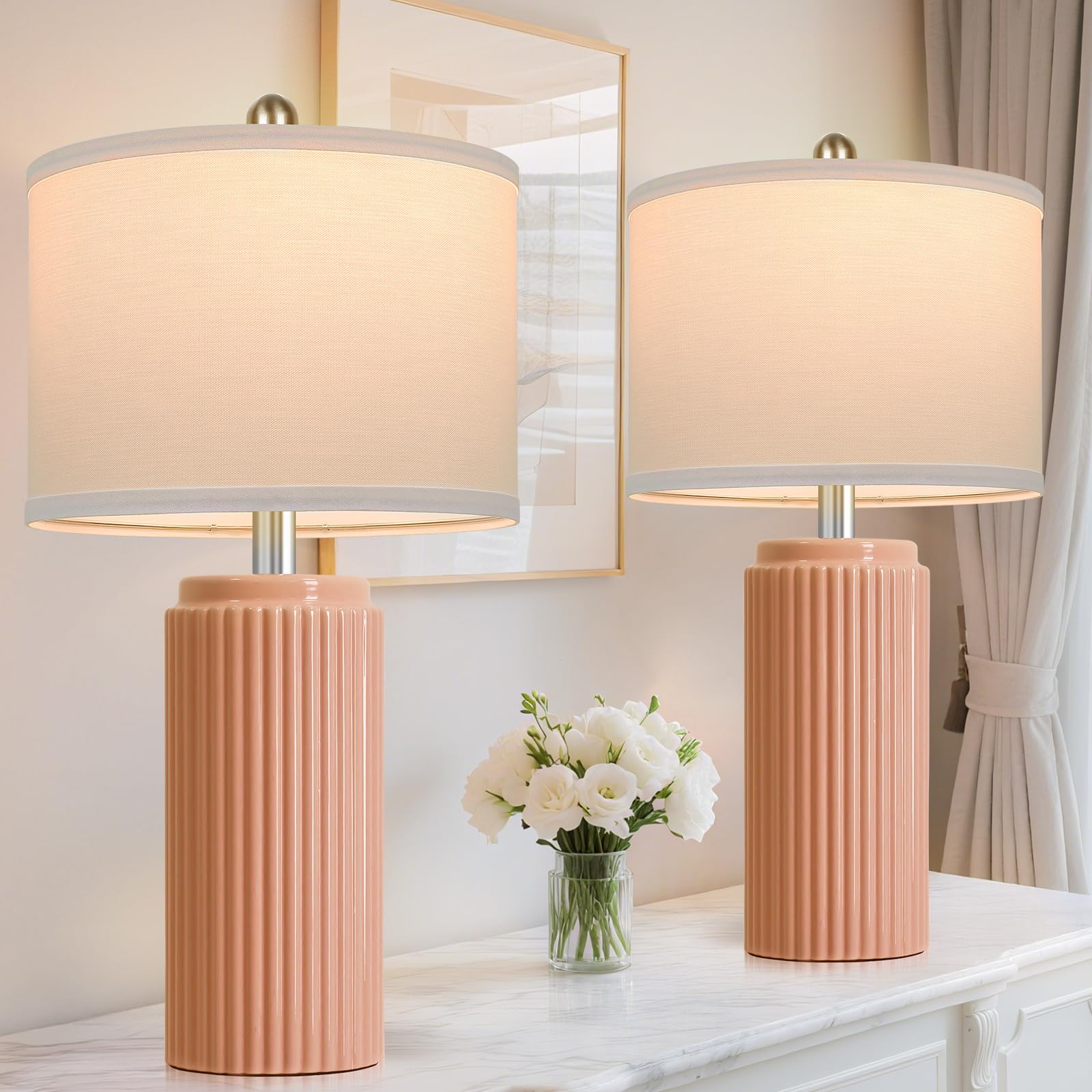 23.5 Orange Table Lamps for Bedroom Set of 2  Modern Ceramic Nightstand Lamps for Living Room  Retro Lamps with White Shade Set for Home Office End Table  Farmhouse Bedside Lamps for End Table Dorm