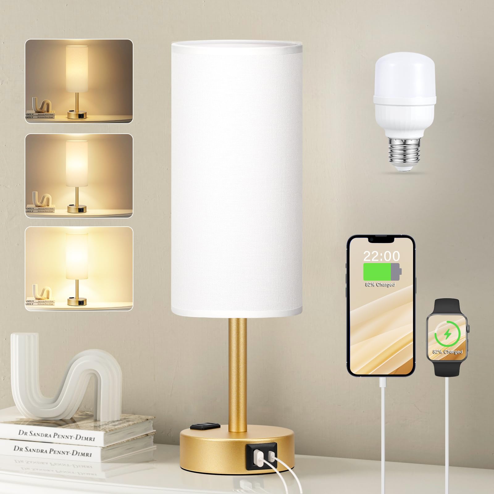 Fenmzee Gold Touch Lamp for Bedroom- 3 Way Dimmable Bedside Lamp USB C A Charging Ports and AC Outlet, Small Table Lamp White Li
