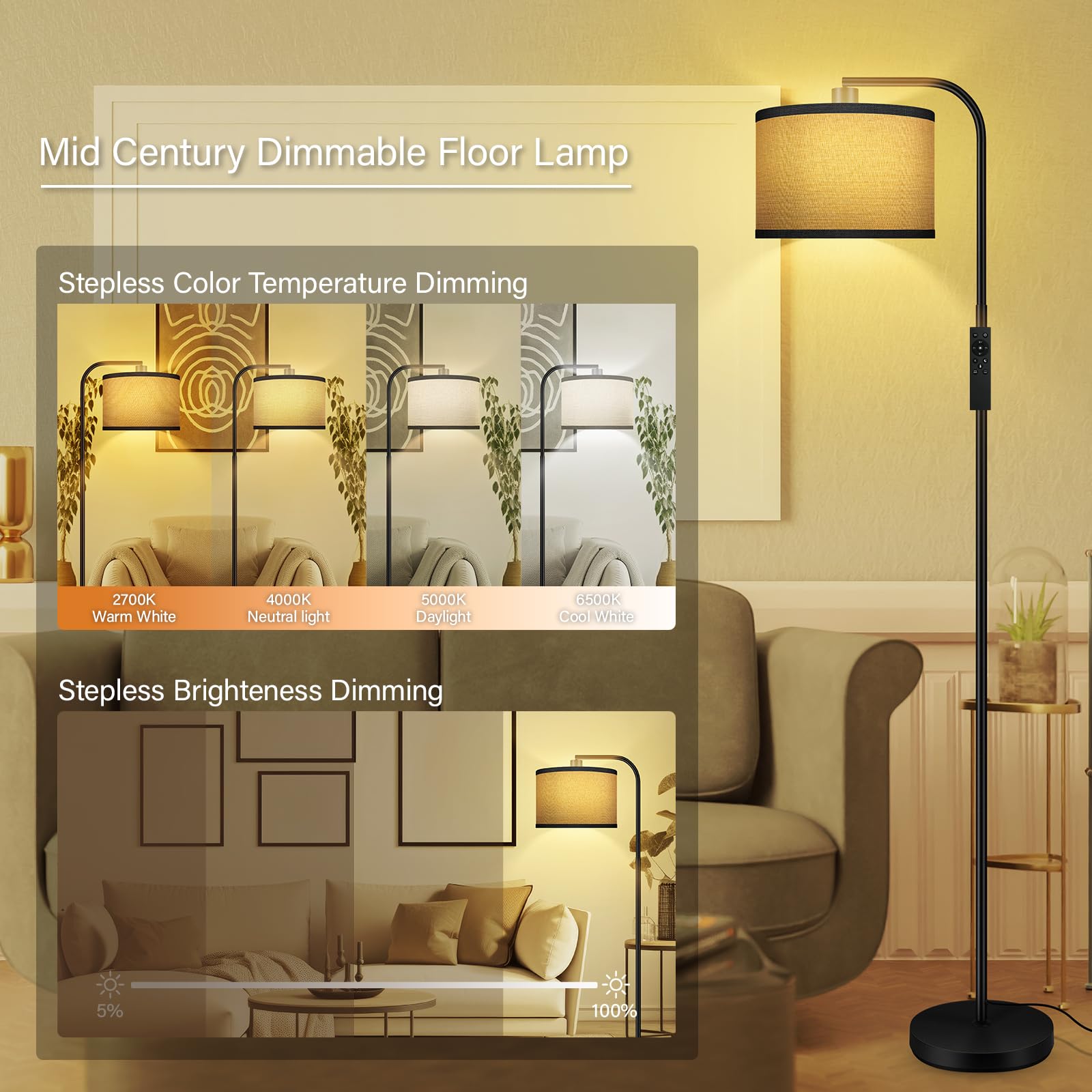 Boostarea Dimmable Floor Lamp For Living Room,Arc Sofa Lamps With Remote,Stepless Dimmable & Colors Temperature 2700K-6500K,67 I