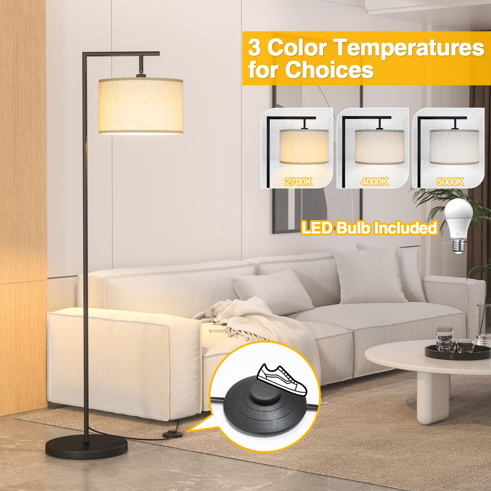 Cnxin Floor Lamp For Living Room With 3 Color Temperatures Standing Lamp With Adjustable Beige Linen Lampshade Tall Lamps For Bedroom Office Classroom Dorm Room, 9W Led Bulb Included, Black