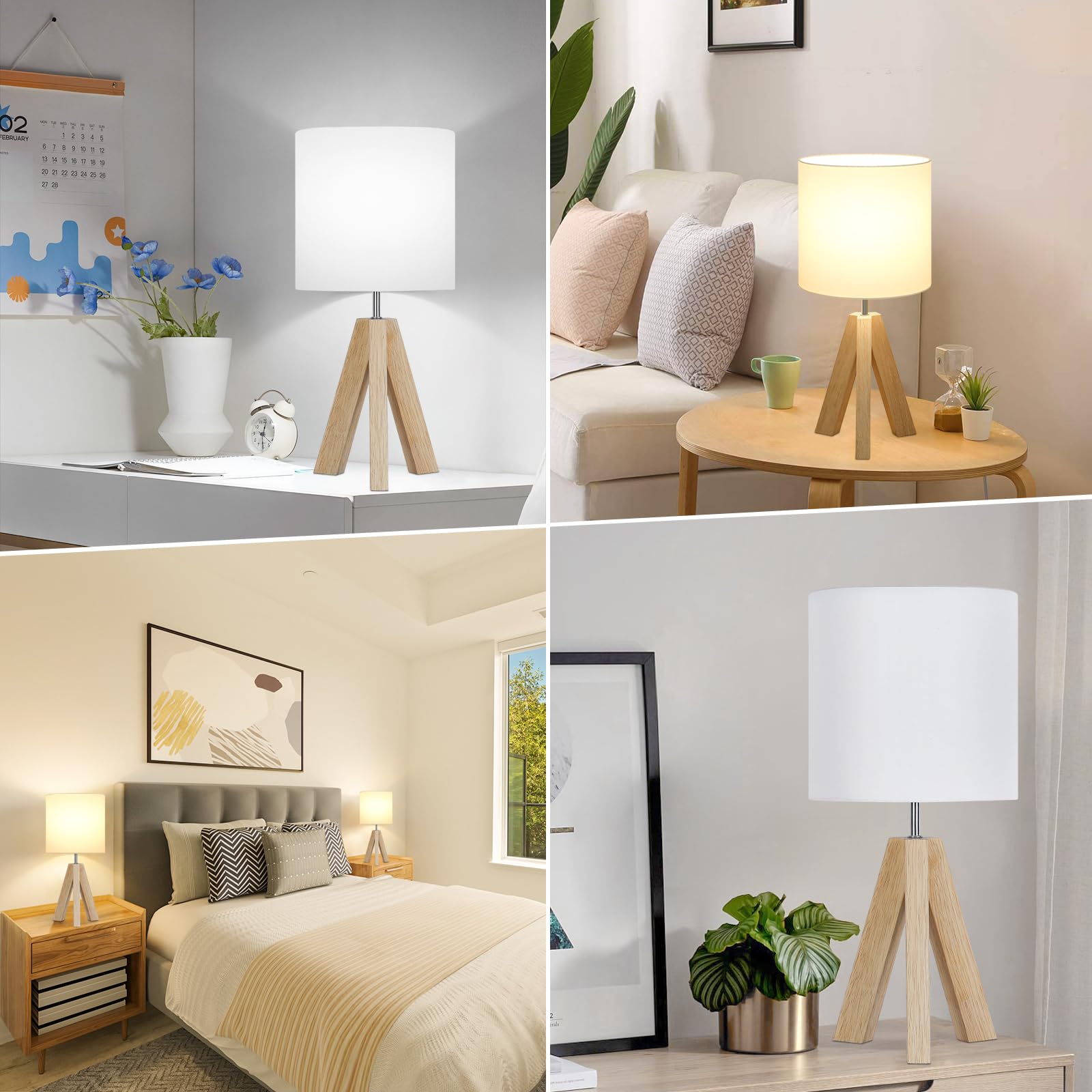 Brightever Small Wood Tripod Table Lamp with White Fabric Shade, Minimalist Design for Bedroom, Living Room, Office - Model TY-2022008