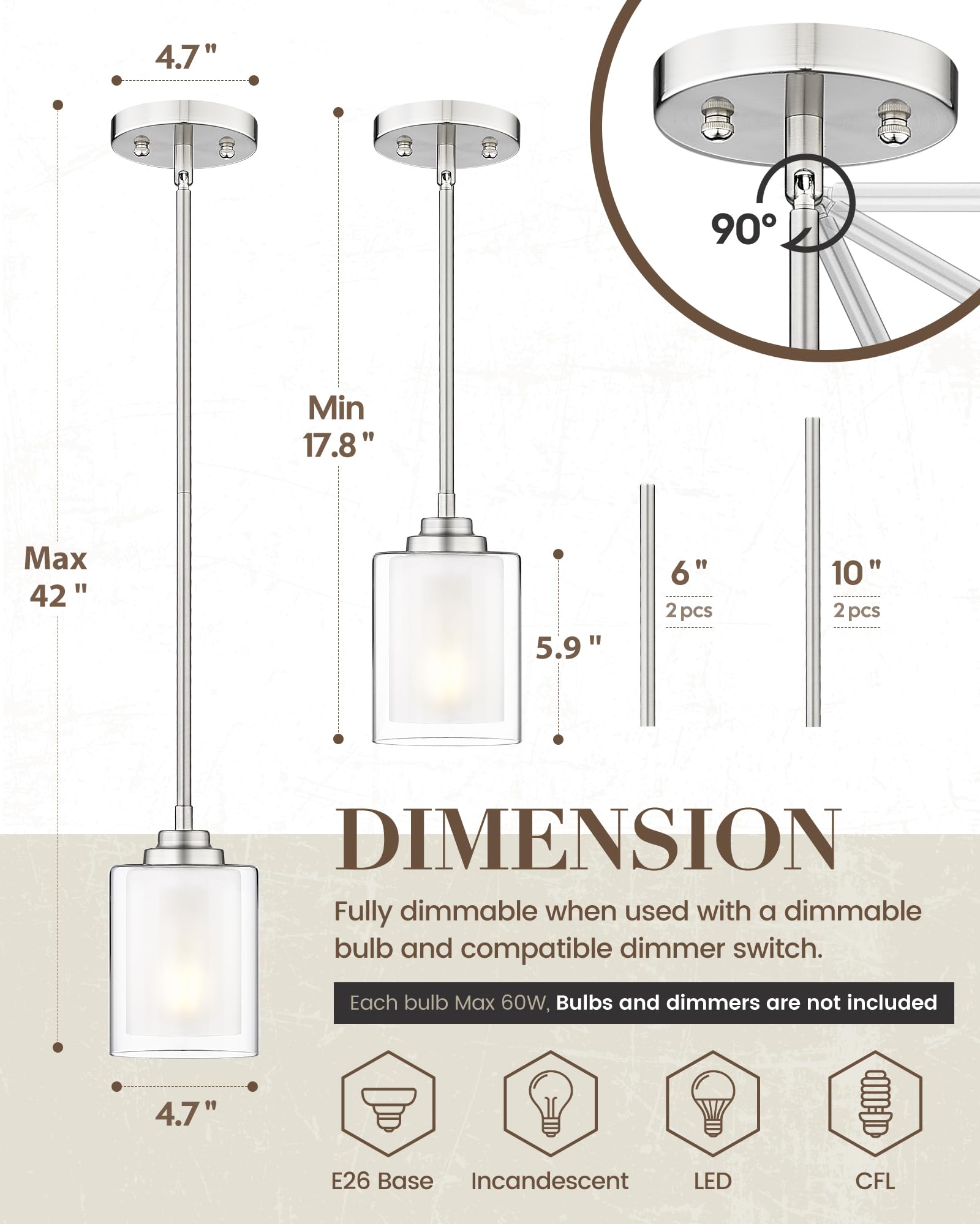 Tengxin Modern Pendant Light Brushed Nickel Modern Pendant Light For Kitchen Island Hanging Ceiling Light Fixture Farmhouse Pendant Lighting For Dining Room Bedroom Bar Office Txplbn02