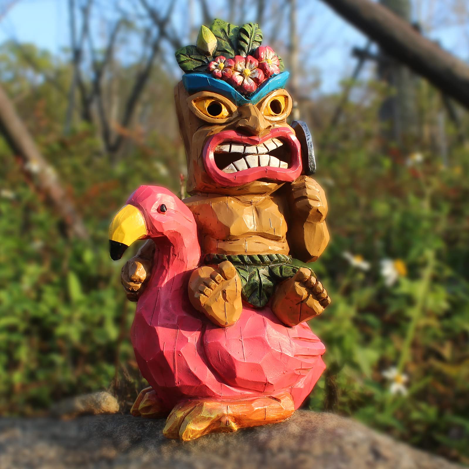 EPTUEGA Tiki Statue - Resin Tiki Man Riding Flamingo Garden Decor - Pink