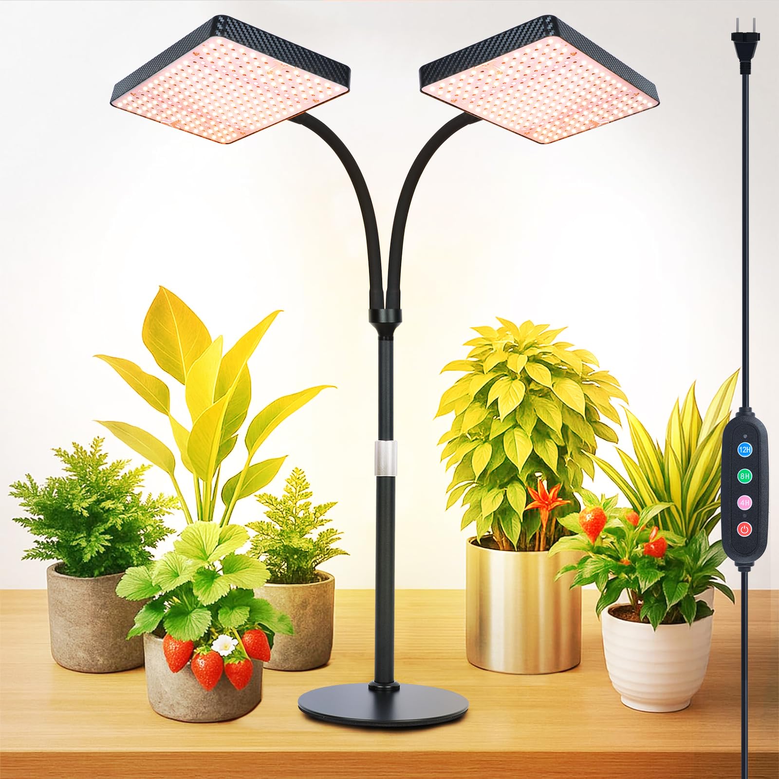 FECiDA 2-Head 50W Desk Grow Light, Tabletop Grow Lights for Indoor Plants Full Spectrum, 4/8/12/16/20 Hr Timer Bonsai Houseplant