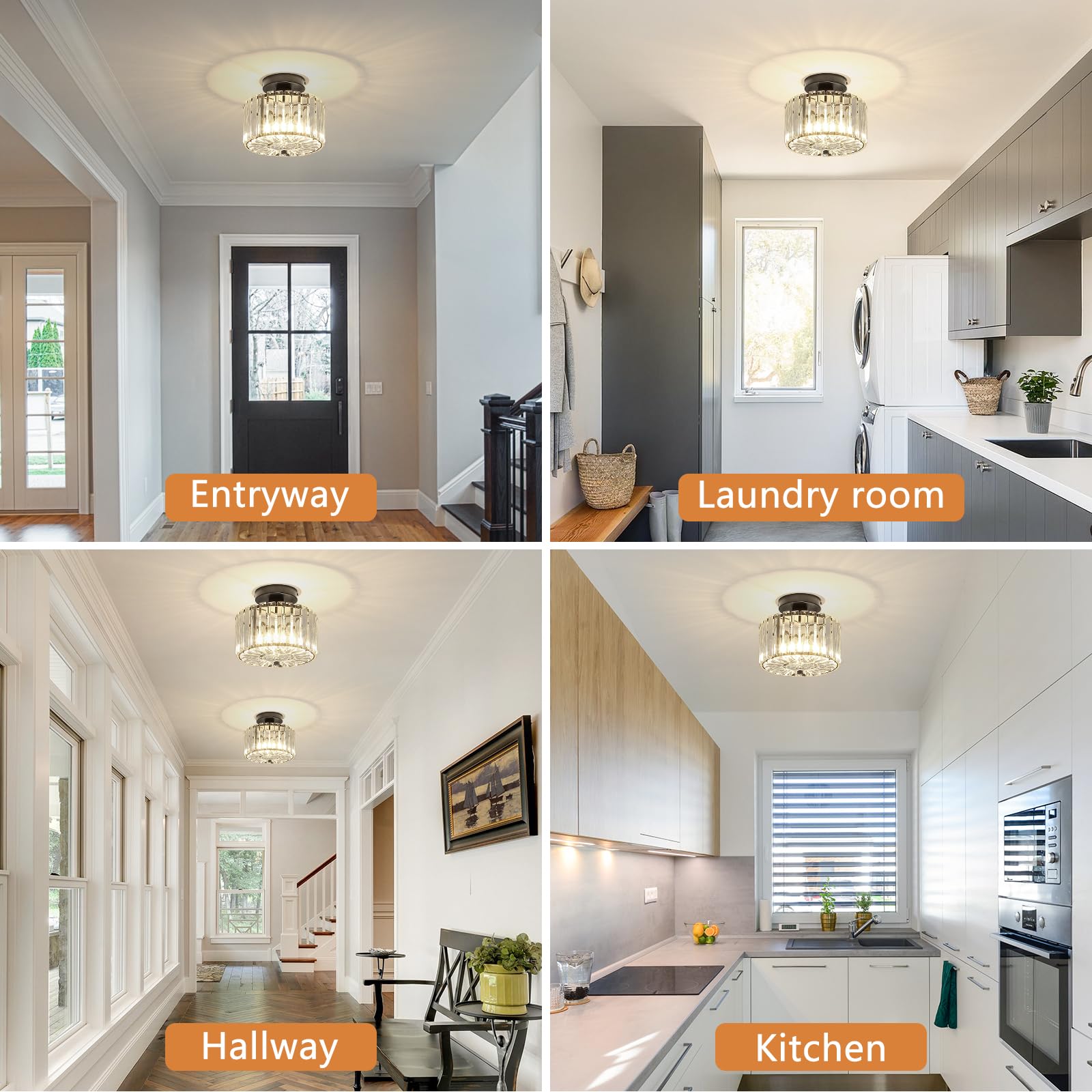 Pasentel Crystal Ceiling Light  Modern Mini Flush Mount Crystal Chandelier  8.89 Inch Black Light Fixture  Round Hallway Lighting Fixtures For Kitchen Entryway Laundry Room  1-Light  Sf004-1-Bk