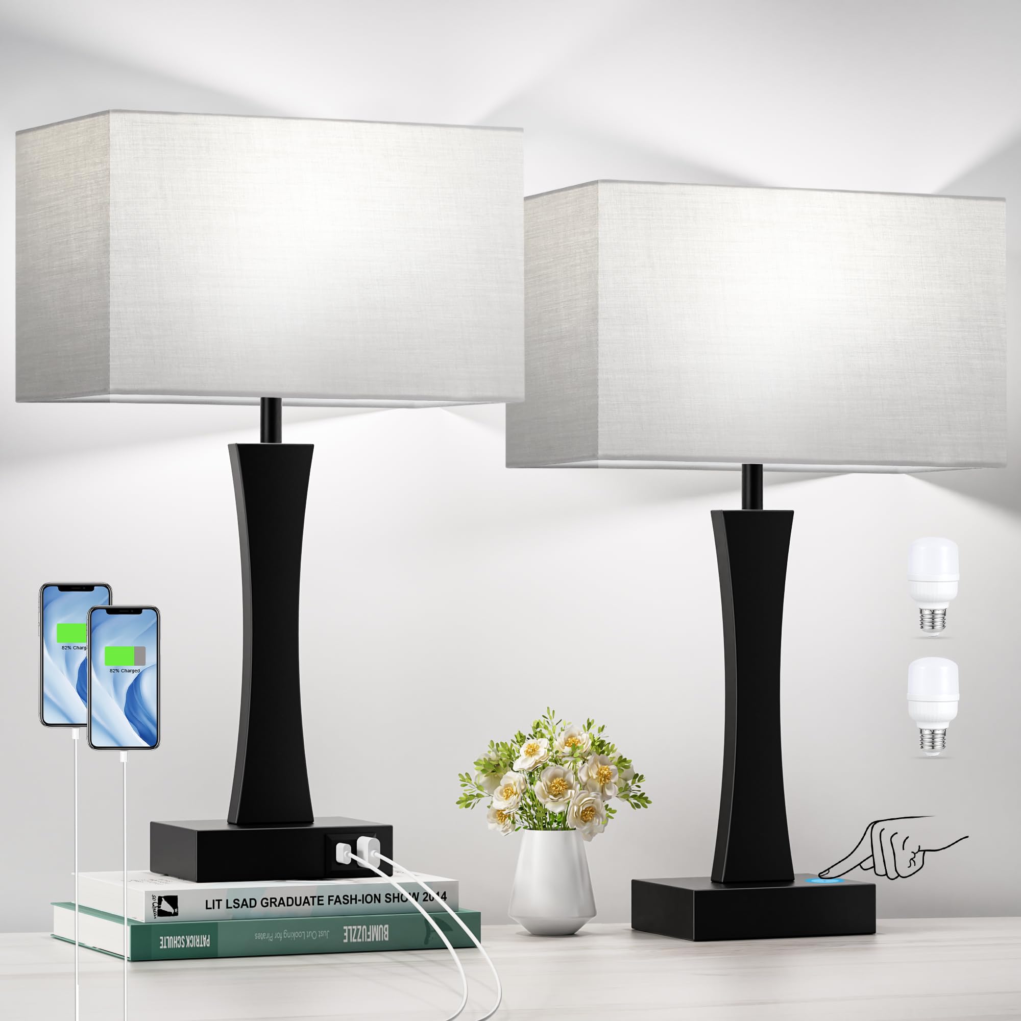 Bedside Lamps for Night Stands - 3 Way Dimmable Table Lamp for Bedroom with USB C+A Ports,Modern Bedside Lamps Set of 2, Touch L