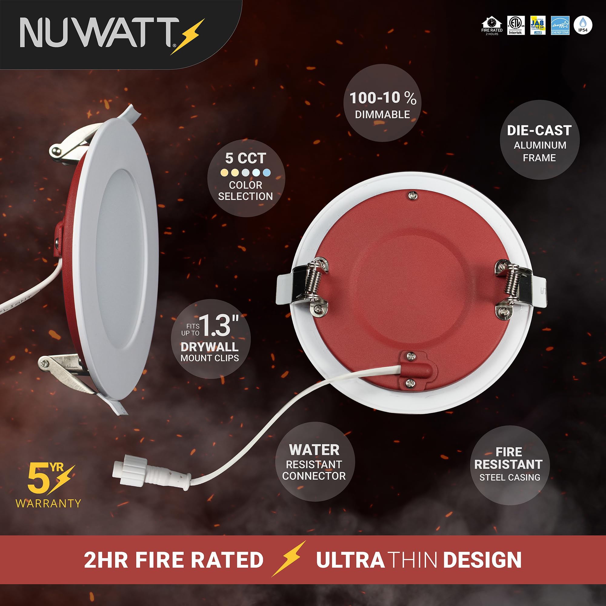 Nuwatt 4 Inch 2 Hour Fire Rated Ultra-Thin Led Recessed Light, 2700K/3000K/3500K/4000K/5000K Selectable, 900 Lumens, Dimmable, I