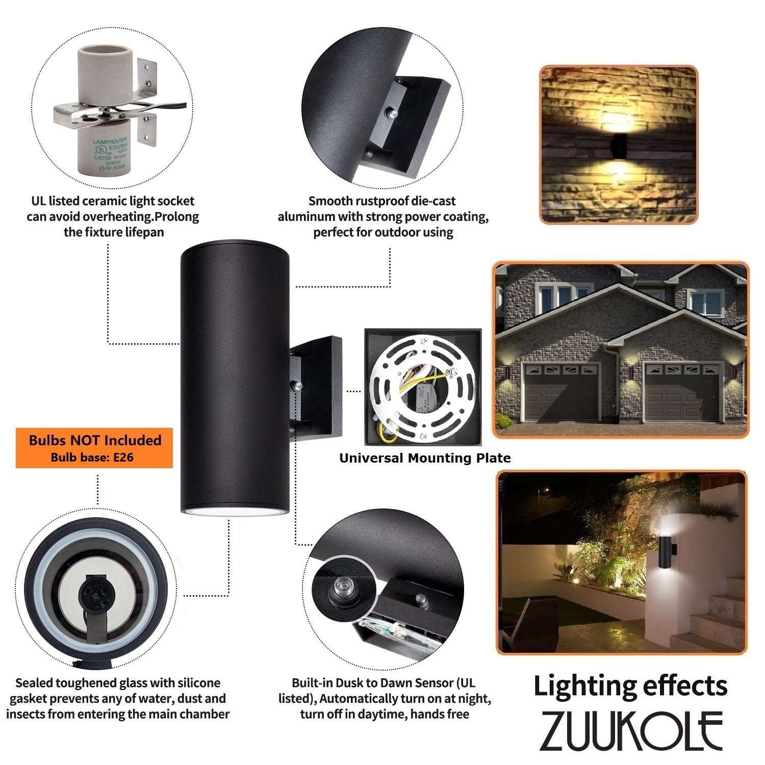 ZUUKOLE Outdoor Wall Sconce, Dusk to Dawn Sensor, Waterproof Aluminum, Up Down Light Fixture, Black, Model T001BT