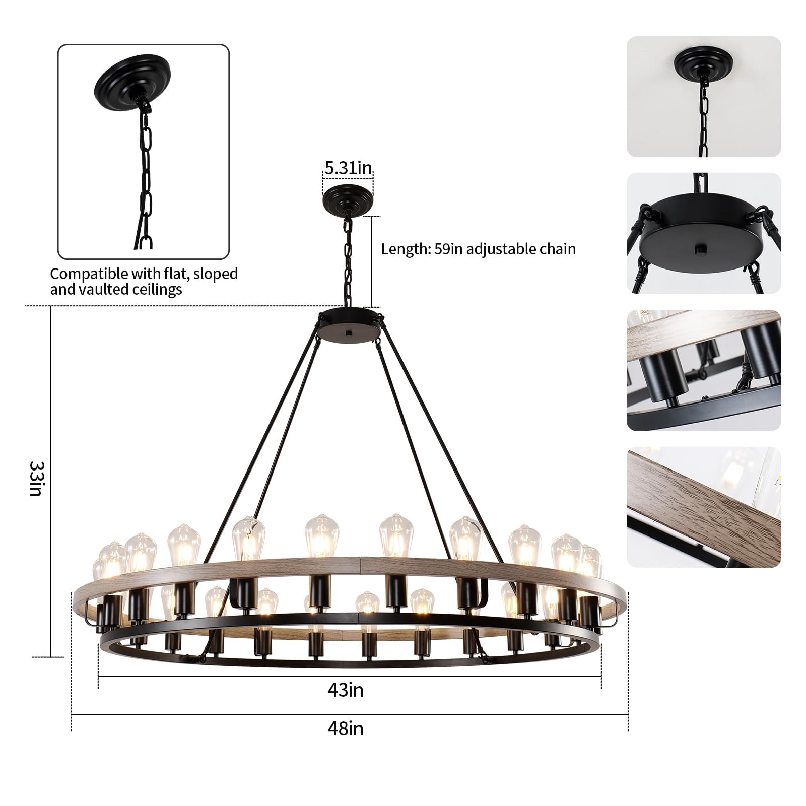 Wogon Weel Wagon Wheel Chandelier 48-Inch 24-Light, Black And Oak Wood Tone Finish Round Rustic Farmhouse Chandelier Extra Large
