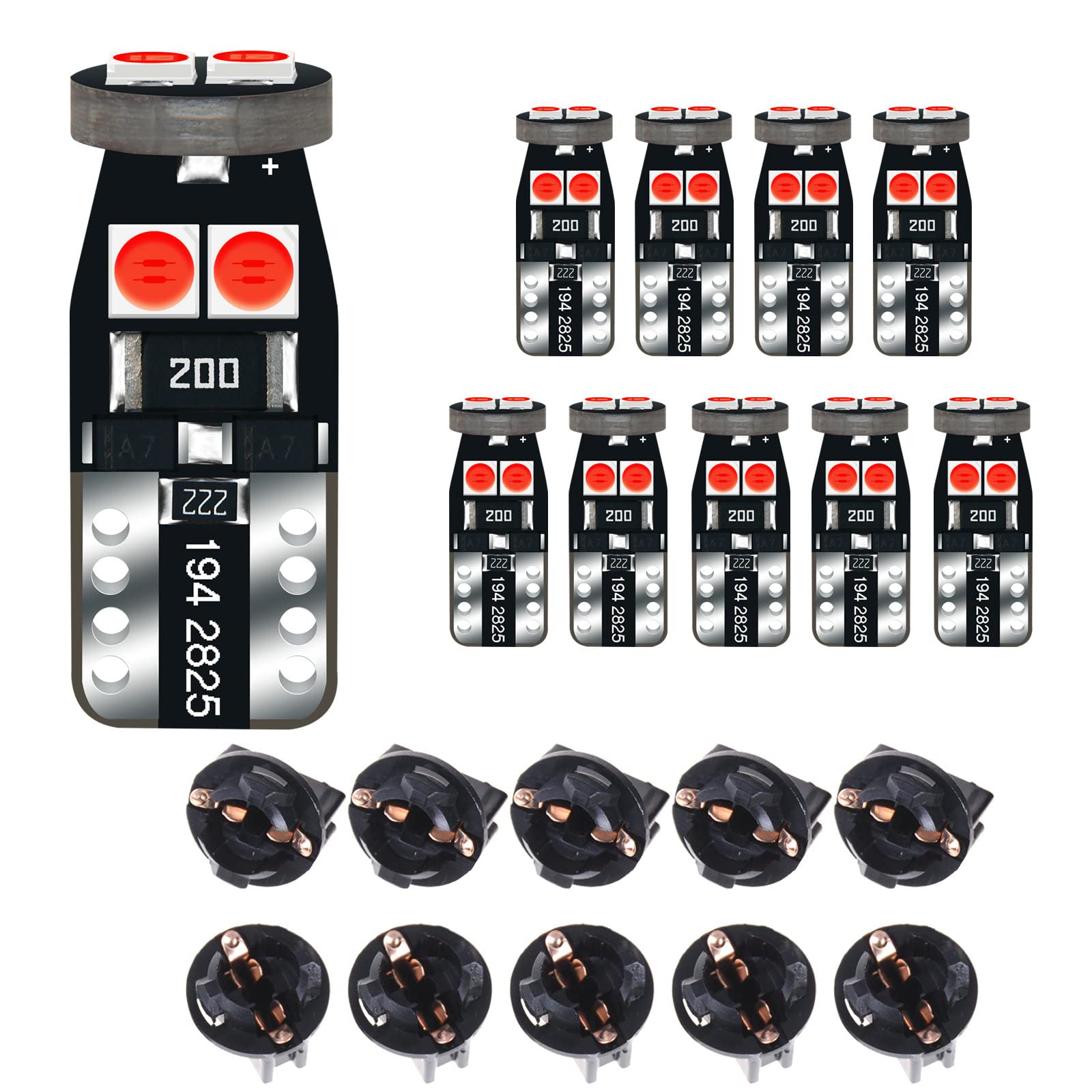 Dodofun 12V Red T10 Pc168 Pc175 Pc194 Pc194R Pc195 Pc160 Pc161 Pc195Na Instrument Cluster Light Led Bulb Replacement For Dashboard Dash Panel Gauge Indicator Lamp W5W 158 168 194 2825 With Socket