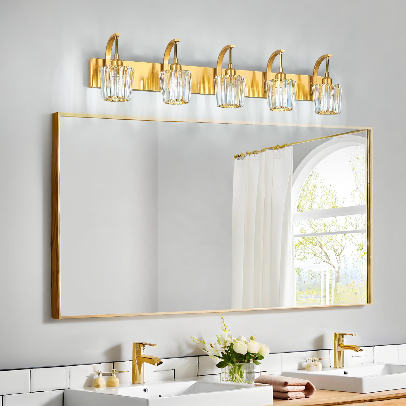 Fdpby Modern Bathroom Vanity Light  5-Light Gold Wall Sconce With Crystal Accents  Over Mirror Bathroom Lighting Fixture  42.52 Long Dimmable Vanity Lamp For Makeup  Easy Installation