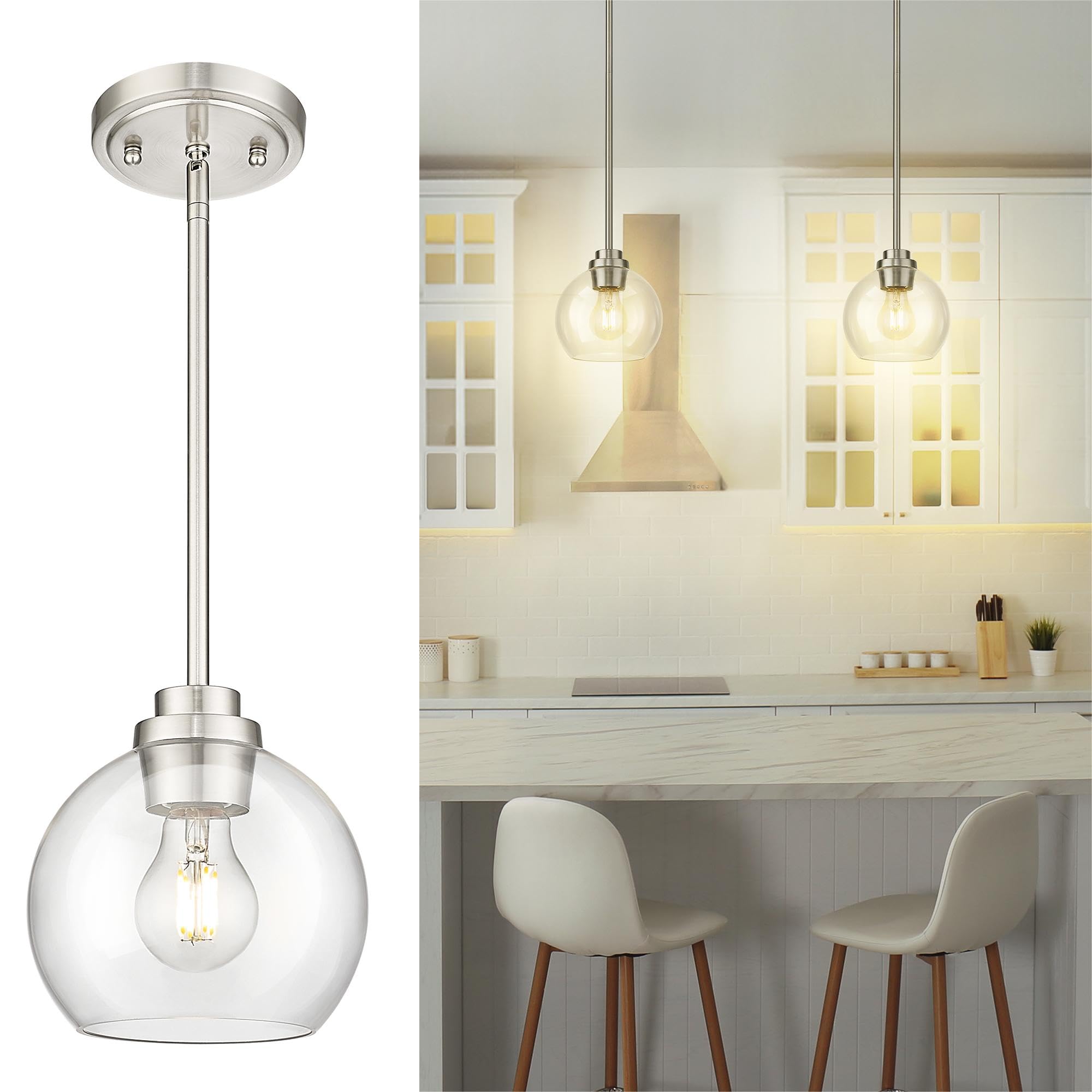 Audickic Pendant Lights Kitchen Island, 7&quot; Modern Brushed Nickel Hanging Lights Fixtures with Clear Glass Globe Shade, Kitchen Island Lighting for Bathroom, AD-22280-1P-SN-C
