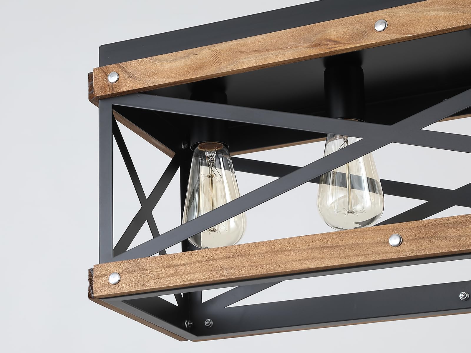 Rustic Farmhouse Wood Kitchen Island Lighting  4 Lights Rectangular Pendant Light Fixture  Adjustable Chain Oak Wood And Metal Linear Chandelier For Dining Room Kitchen Island Farmhouse  Black