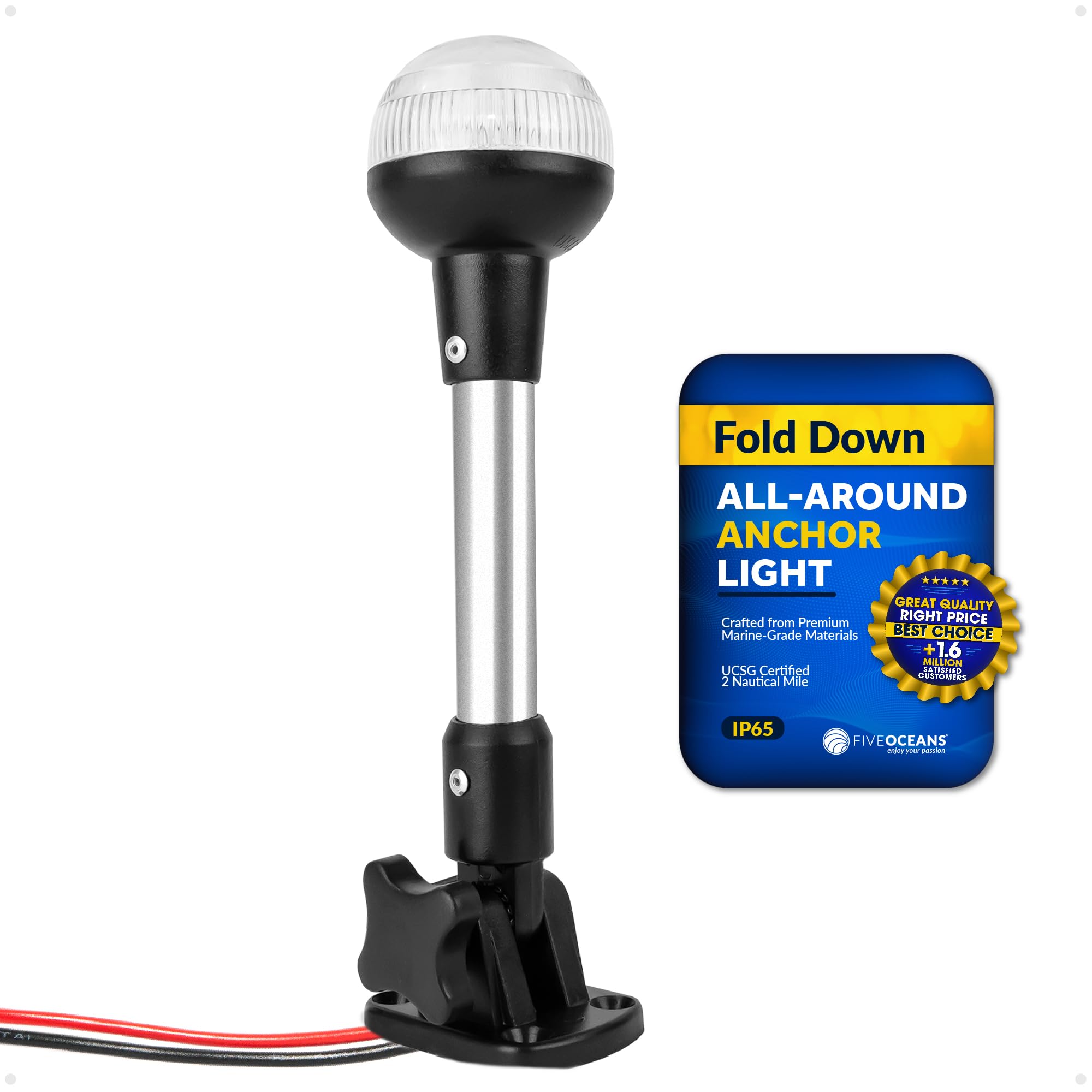 Five Oceans 9-Inch Stern Light - Stainless Steel Pole, 2NM Visibility, For Pontoon, Sport & Fishing Boats