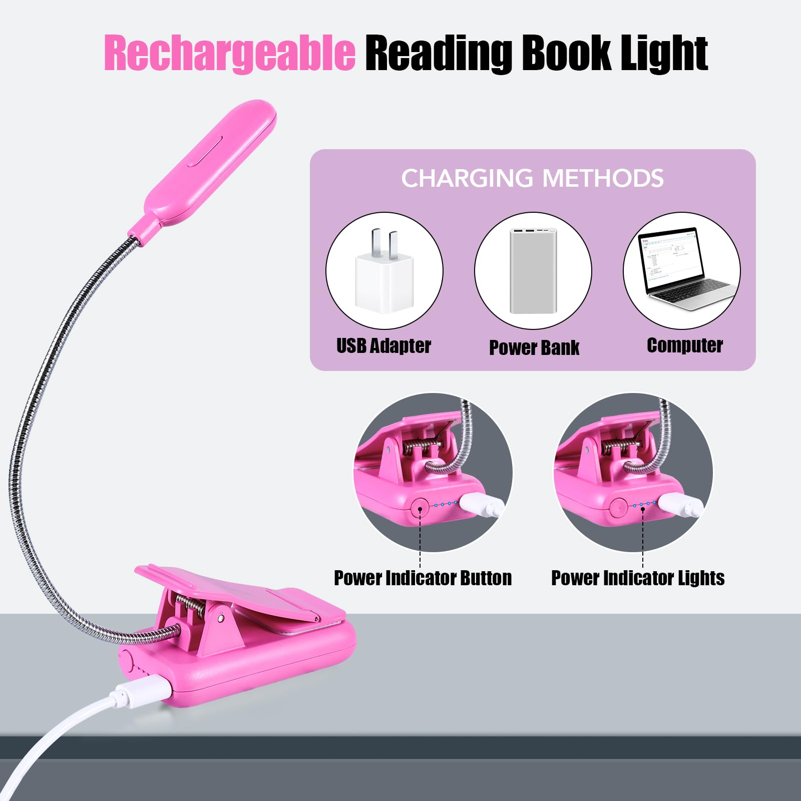 VAVOFO Rechargeable Book Light, 7 LED, 9-Level Warm Cool White, Eye Care Lamp, Rose, Model KM-6720