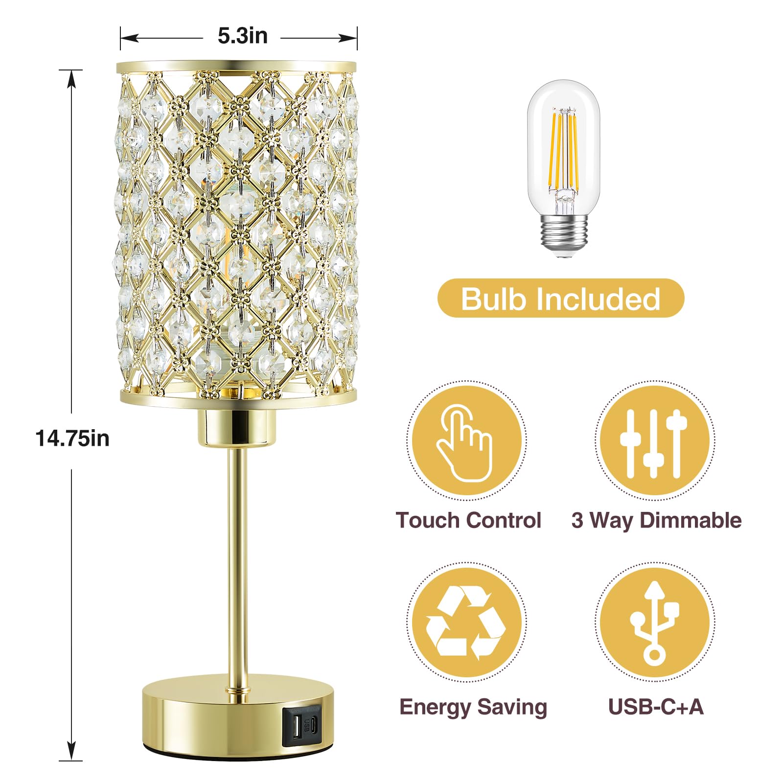 Crystal Table Lamp, Gold Touch Lamp For Nightstand With Usb C+A Ports, 3 Way Dimmable Lamp With Crystal Shade, Bedside Lamp Smal
