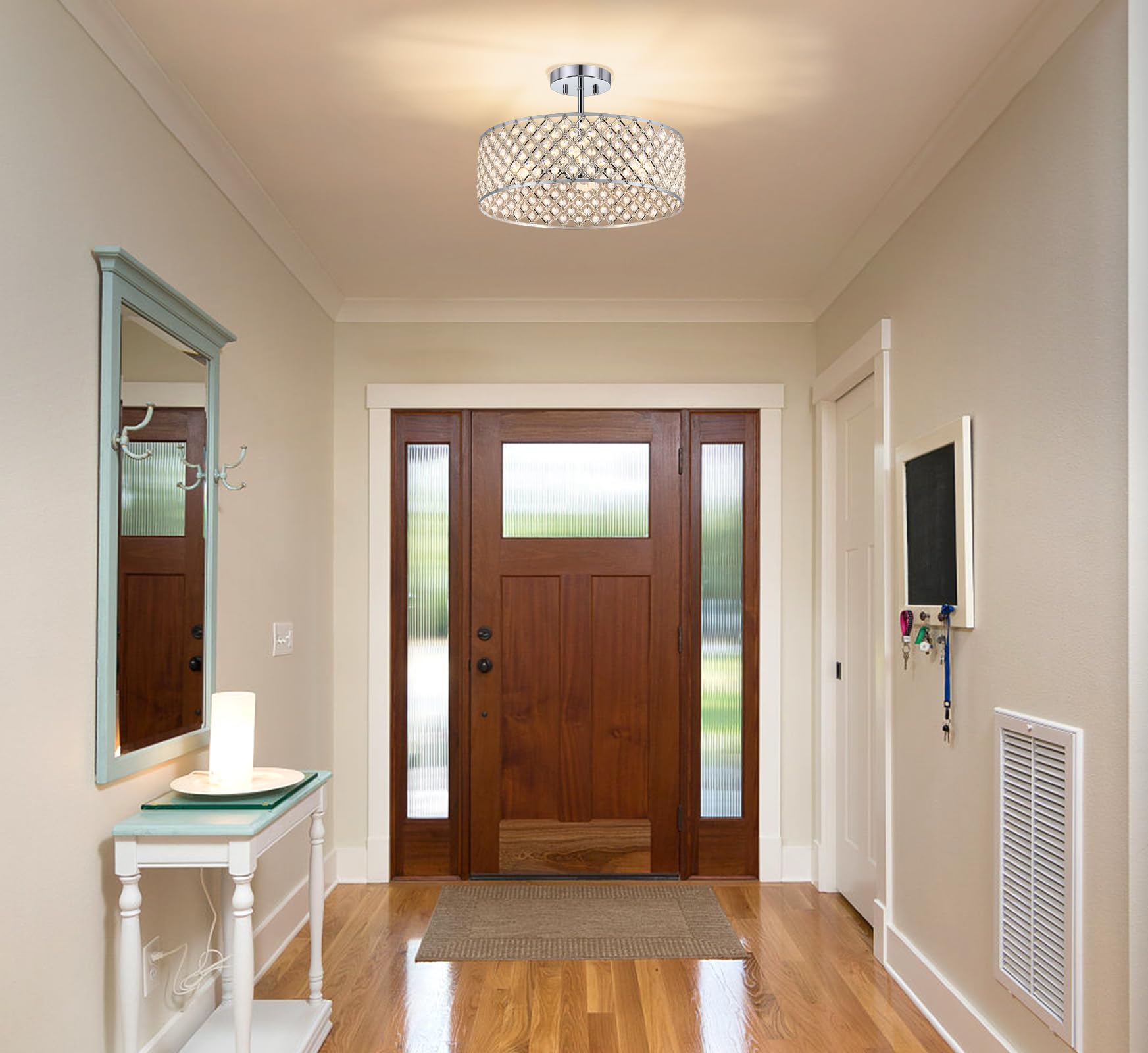 Bzvesr Chrome Crystal Ceiling Light Fixture Modern Semi Flush Mount Ceiling Lighting Fixture Round Small Chandelier For Dining Room  Hallway  Entryway  Kitchen  Bedroom Foyer 4 Light 15.7 Inch